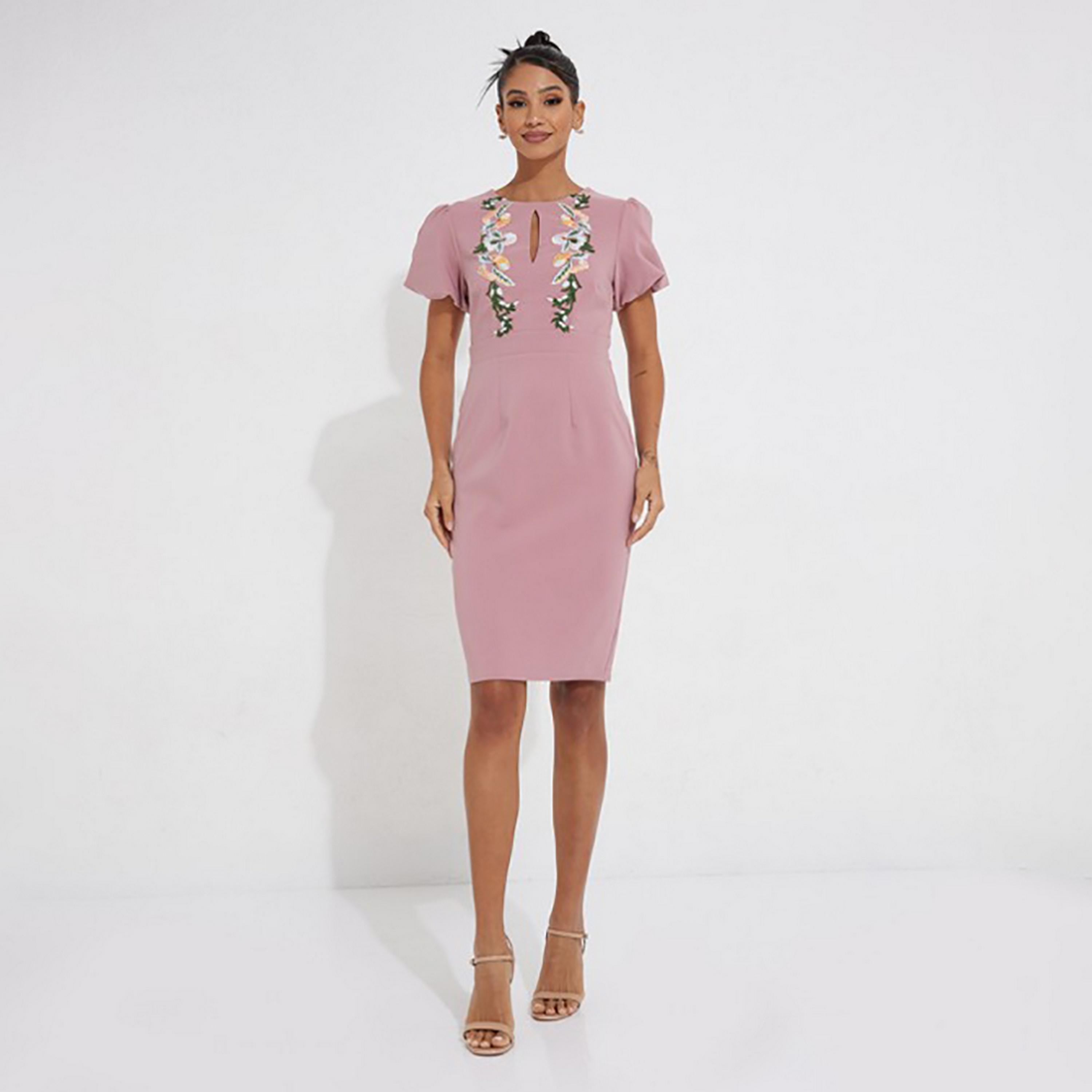 Little Mistress Pink Embroidered Keyhole Neck Bodycon Knee Length Women's Dress-women-clothing-dresses-image-3