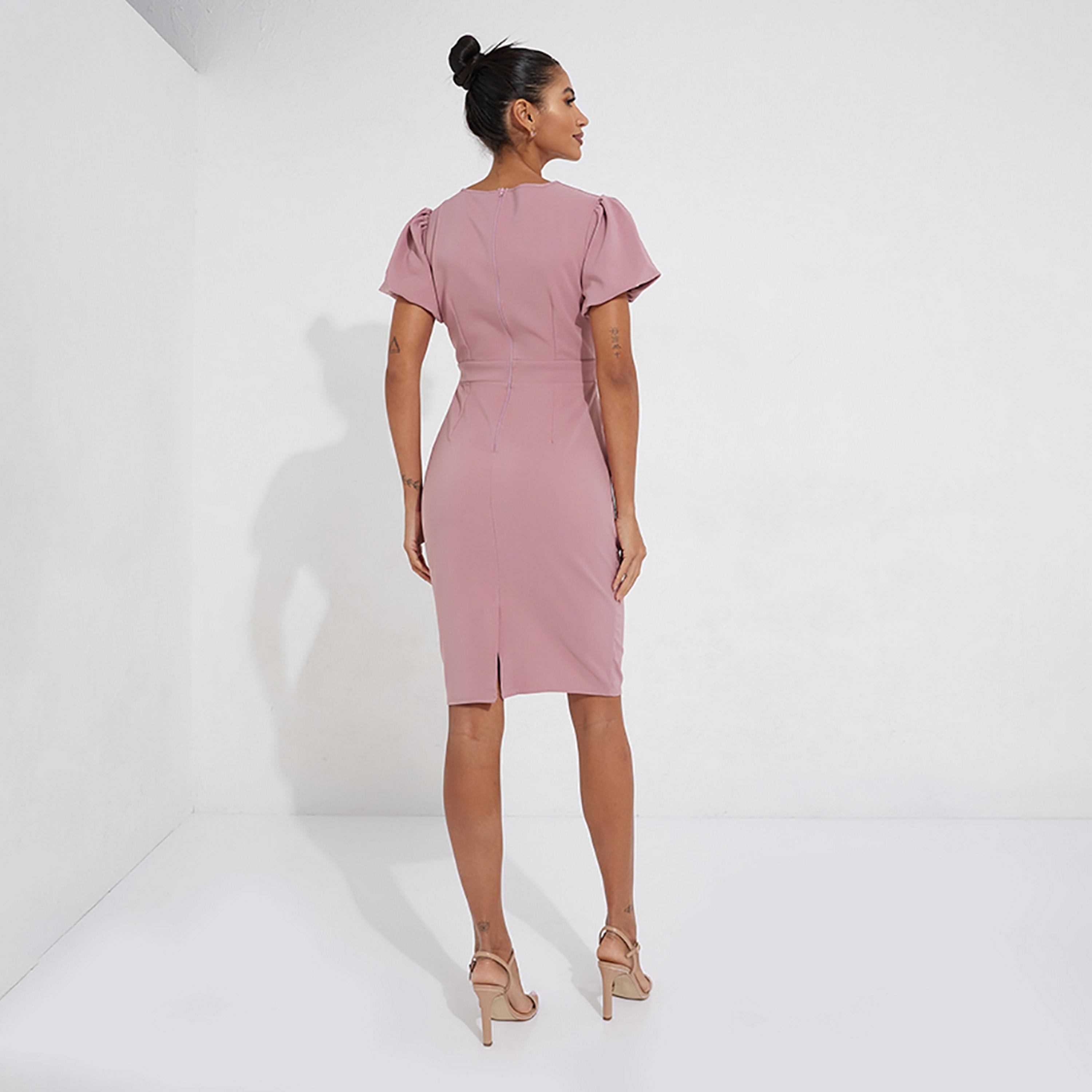 Little Mistress Pink Embroidered Keyhole Neck Bodycon Knee Length Women's Dress-women-clothing-dresses-image-4