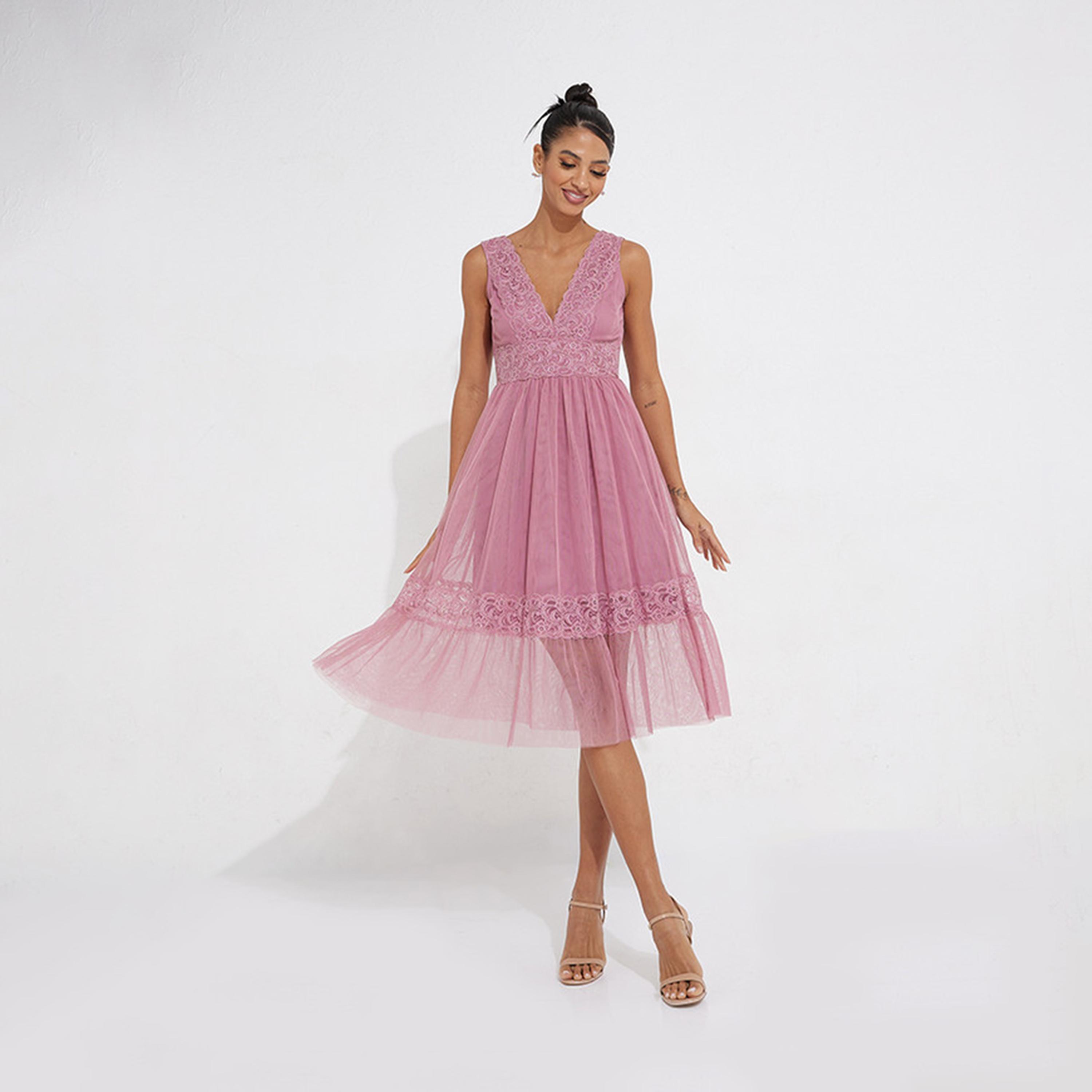 Little Mistress Lace V-neck A-line Midi Dress-women-clothing-dresses-image-1