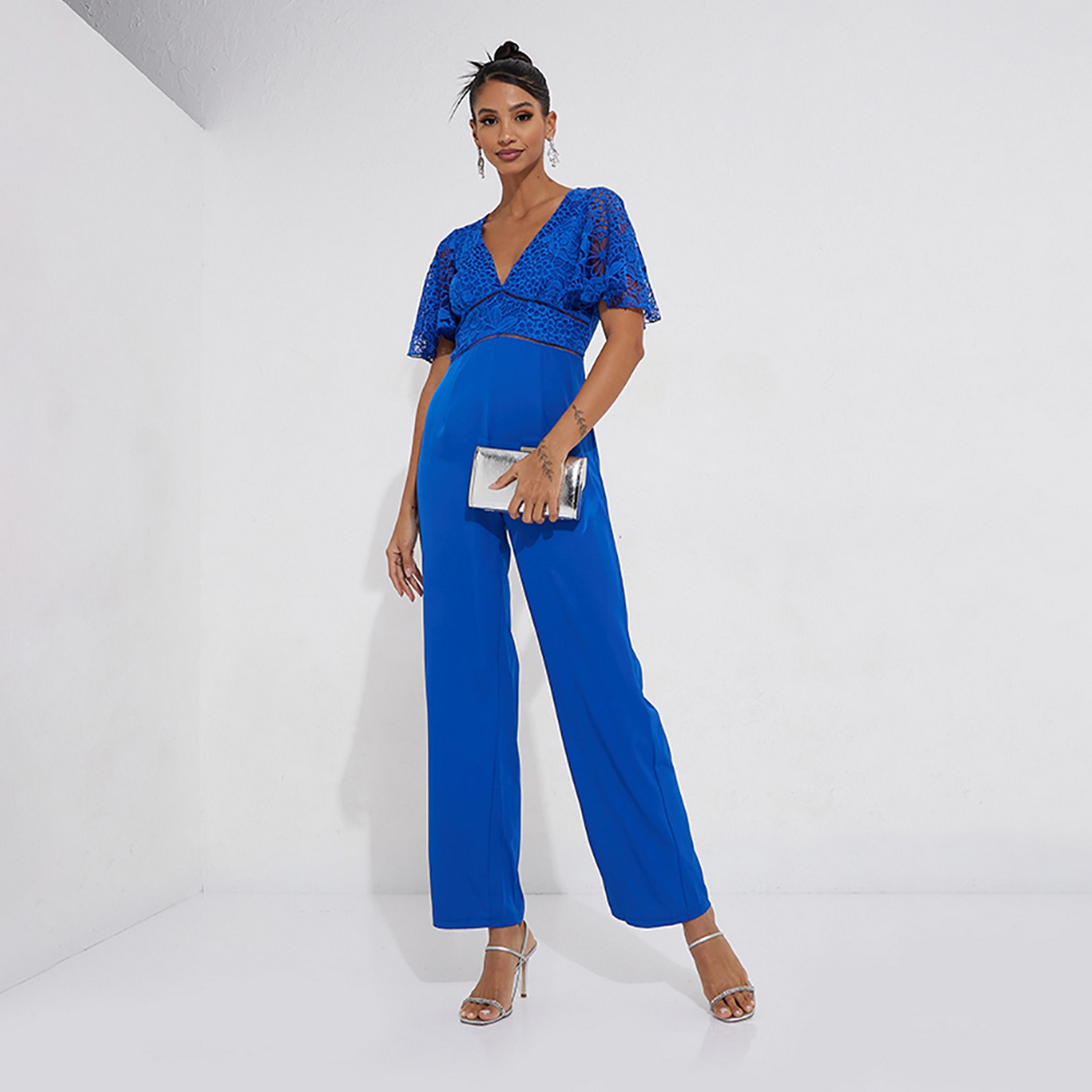 Little Mistress Blue Lace Plunge Neck Flutter Sleeves Women's Jumpsuit-women-clothing-jumpsuits-image-1