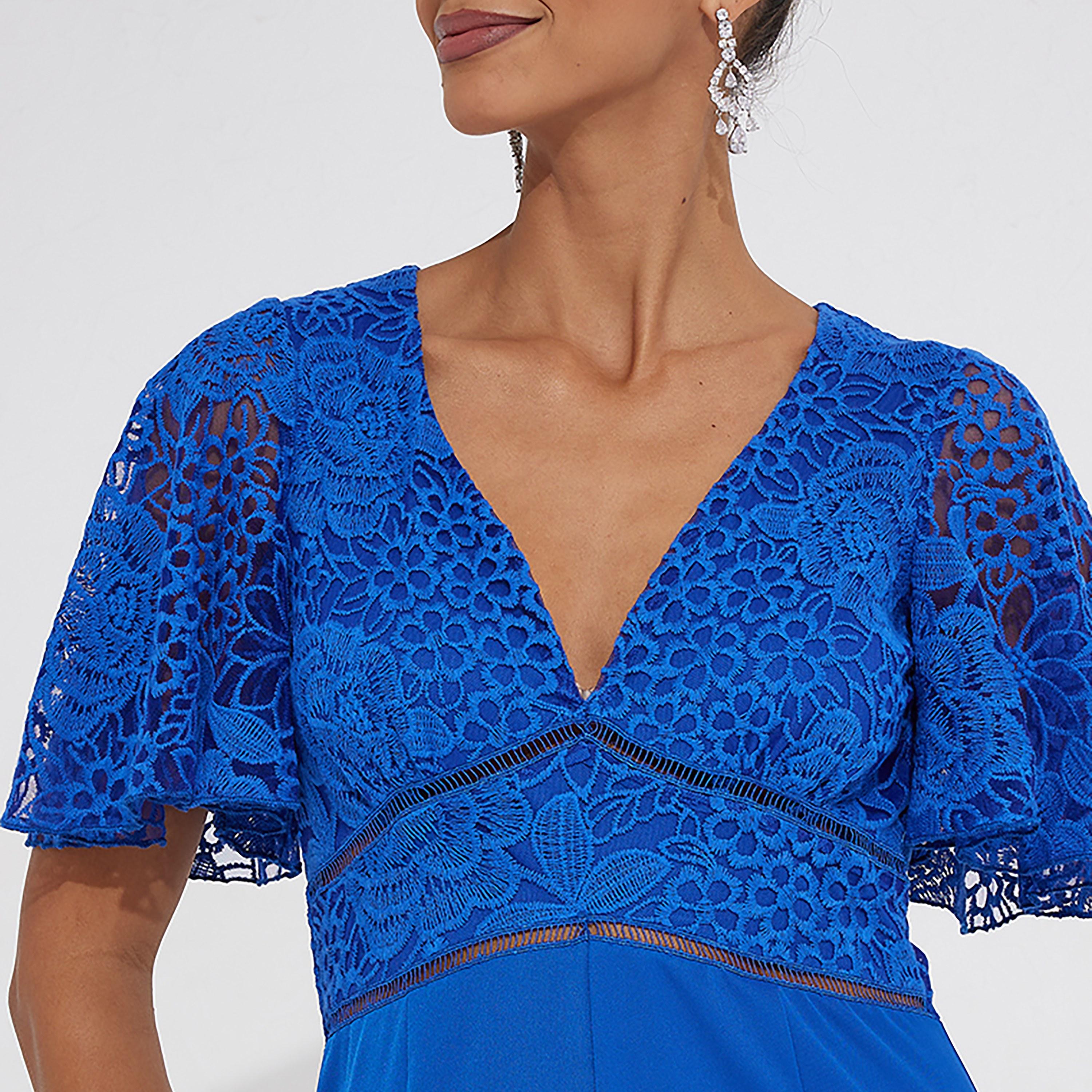 Little Mistress Blue Lace Plunge Neck Flutter Sleeves Women's Jumpsuit-women-clothing-jumpsuits-image-2