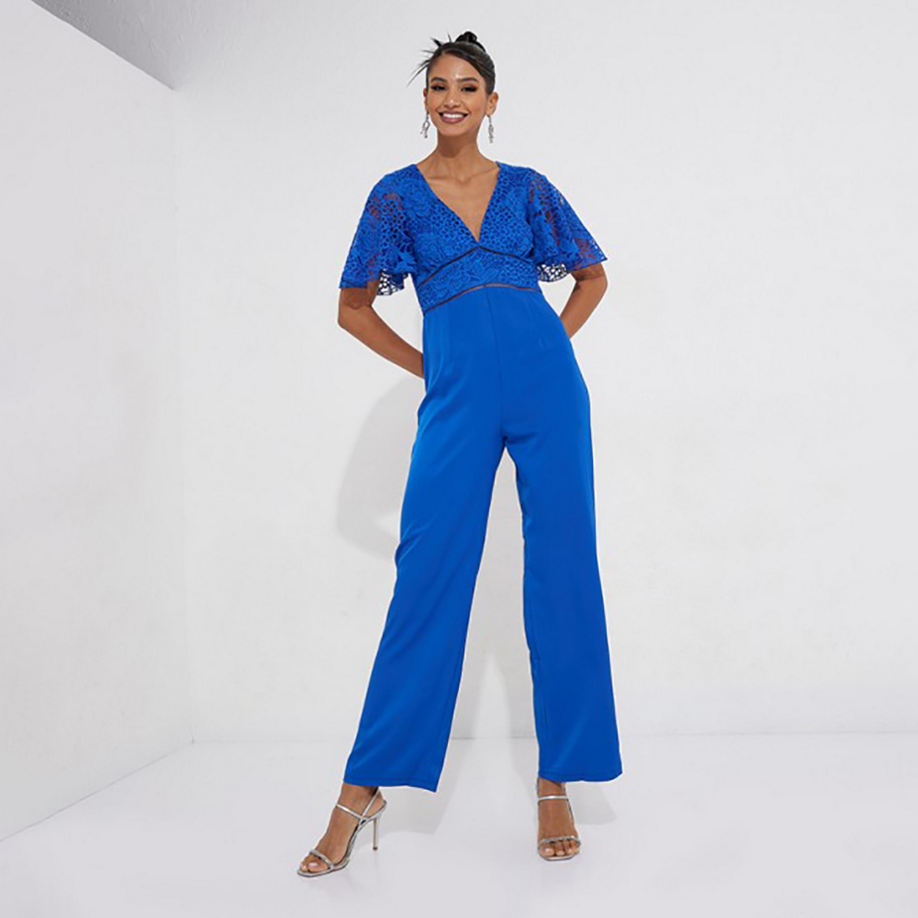 Little Mistress Blue Lace Plunge Neck Flutter Sleeves Women's Jumpsuit-women-clothing-jumpsuits-image-3