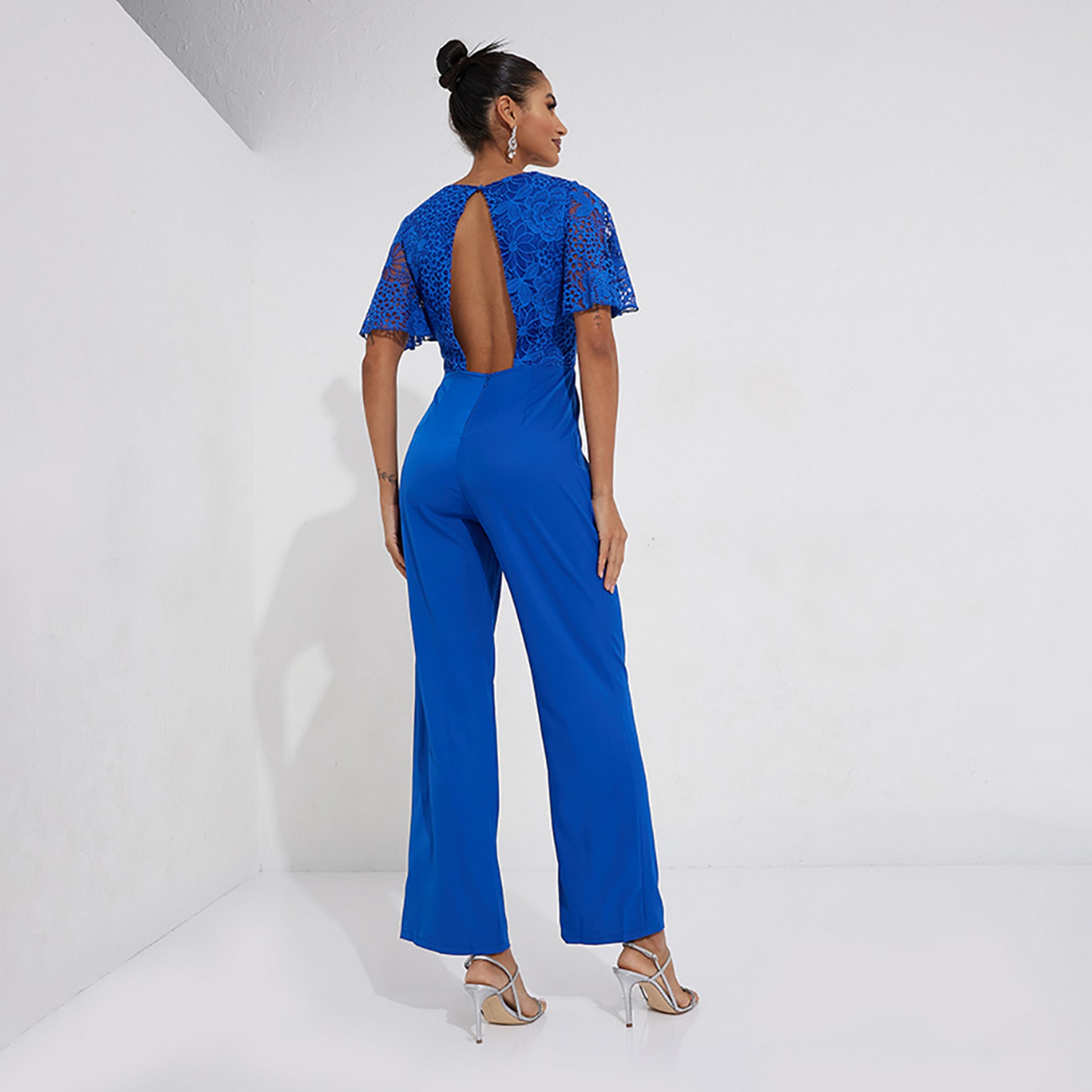 Little Mistress Blue Lace Plunge Neck Flutter Sleeves Women's Jumpsuit-women-clothing-jumpsuits-image-4