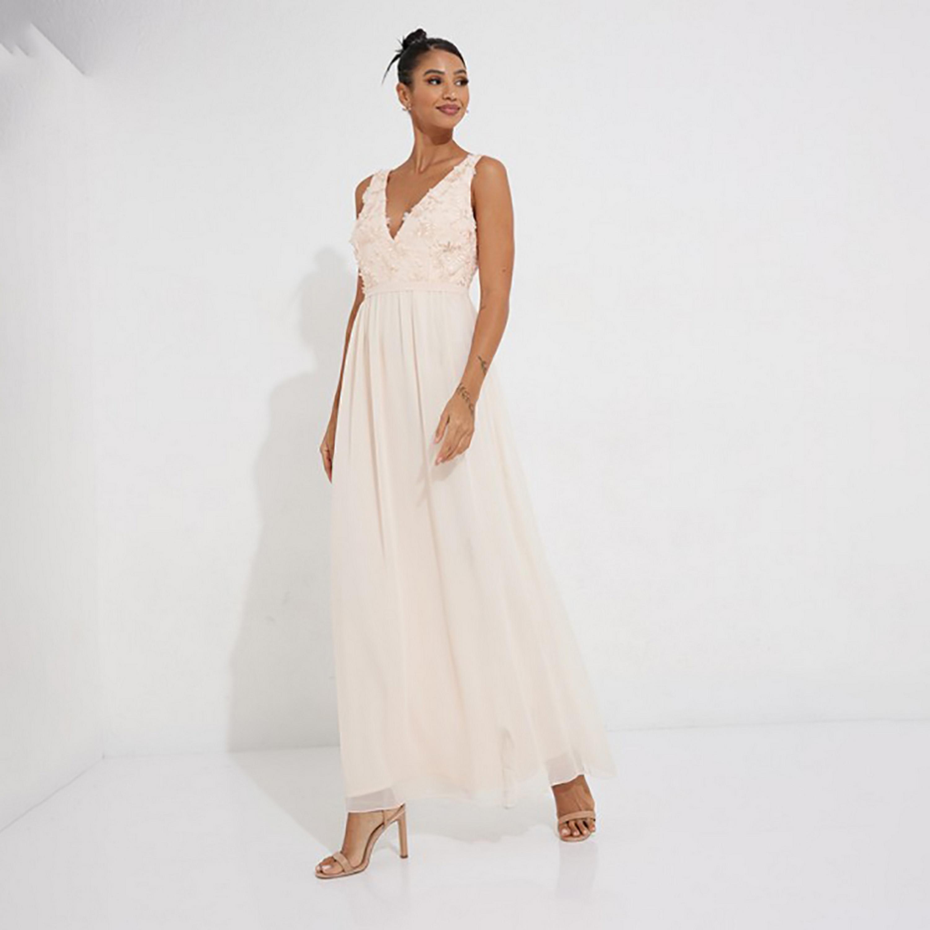 Little Mistress Pink Embroidered Plunge Neck Fit and Flared Maxi Women's Dress-women-clothing-dresses-image-3