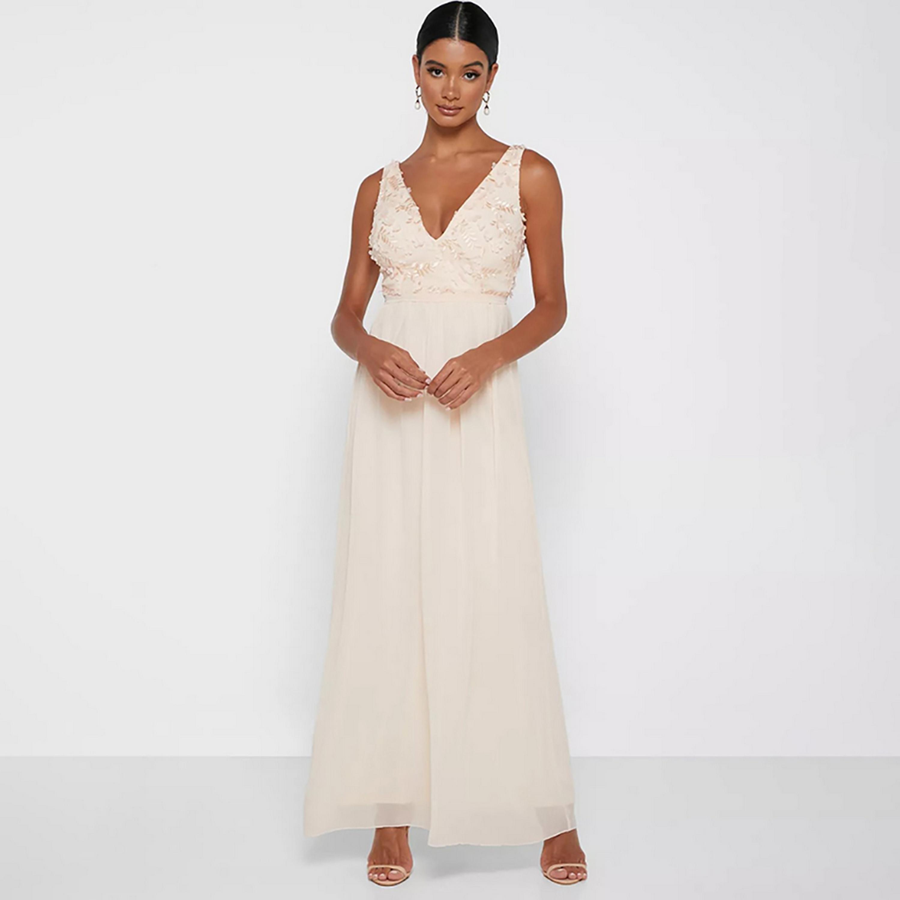 Little Mistress Pink Embroidered Plunge Neck Fit and Flared Maxi Women's Dress-women-clothing-dresses-image-4