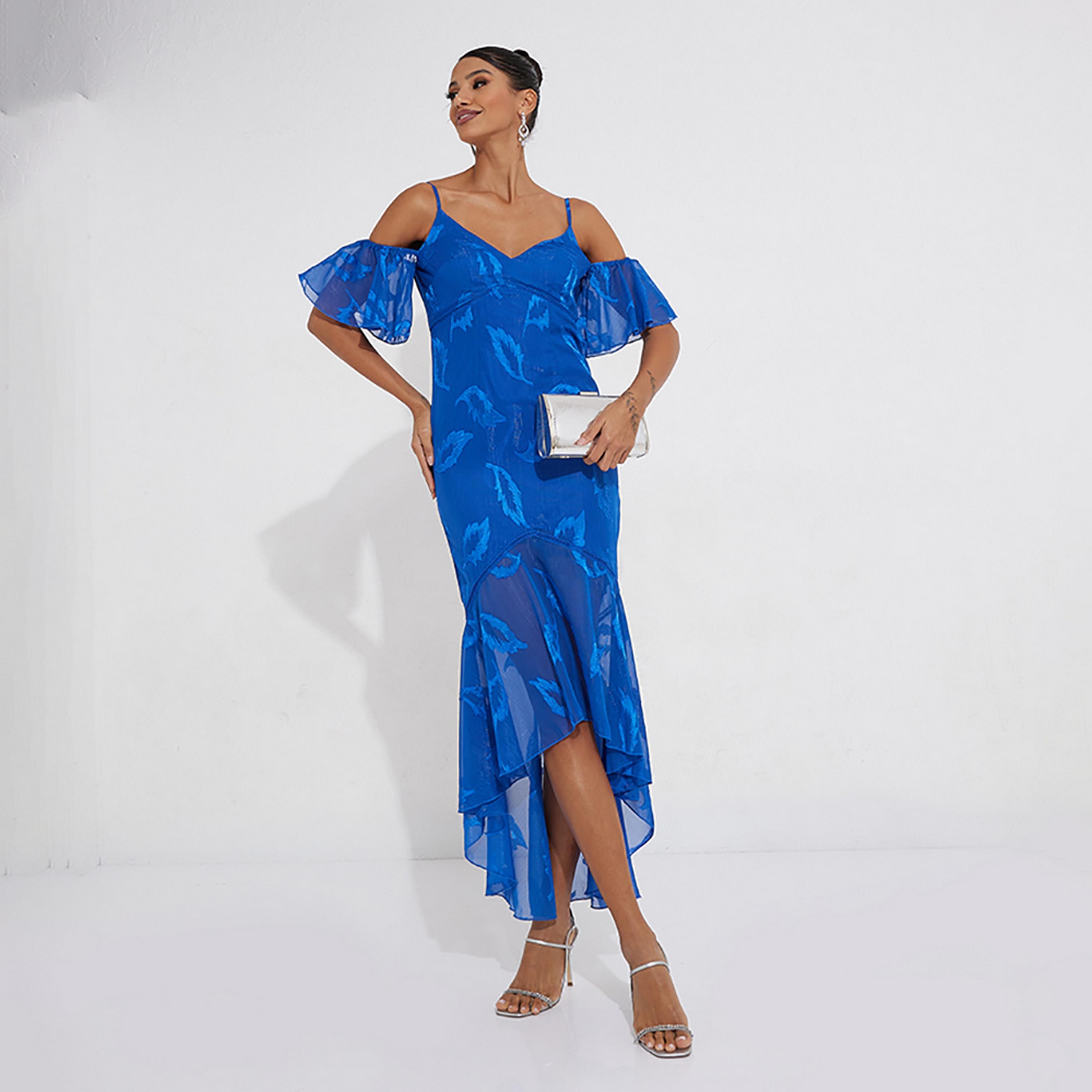 Little Mistress Blue Printed Shoulder Straps Cold Shoulder Sleeves High-Low Midi Women's Dress-women-clothing-dresses-image-1