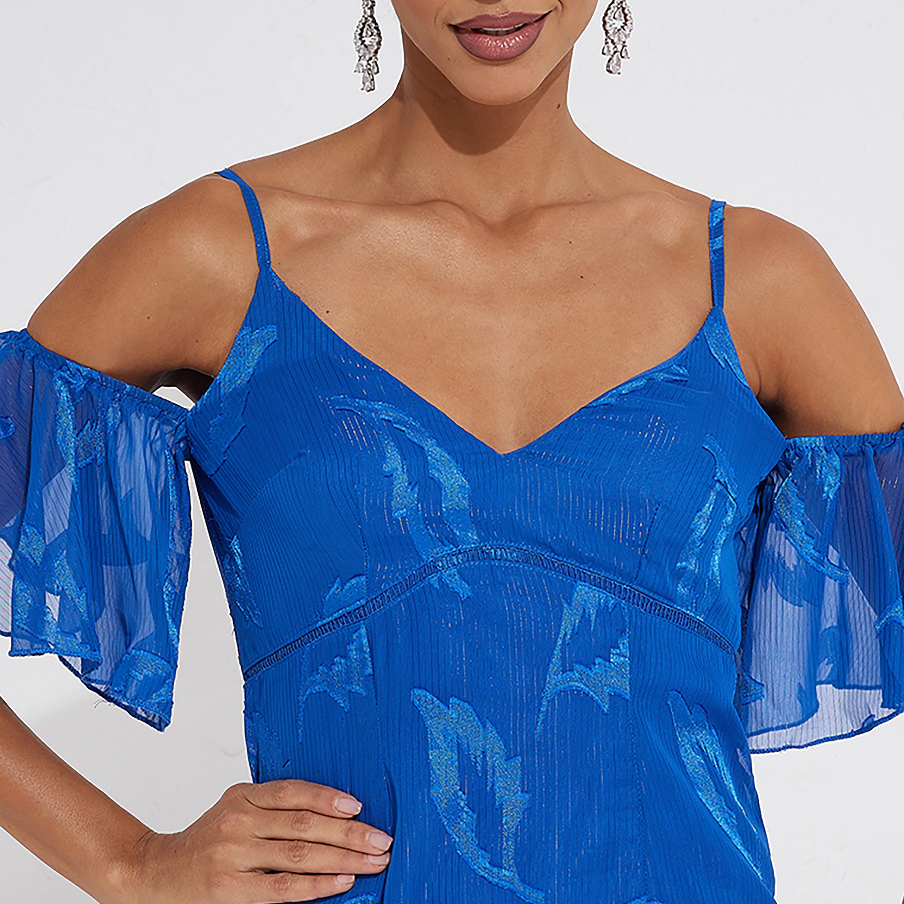 Little Mistress Blue Printed Shoulder Straps Cold Shoulder Sleeves High-Low Midi Women's Dress-women-clothing-dresses-image-2