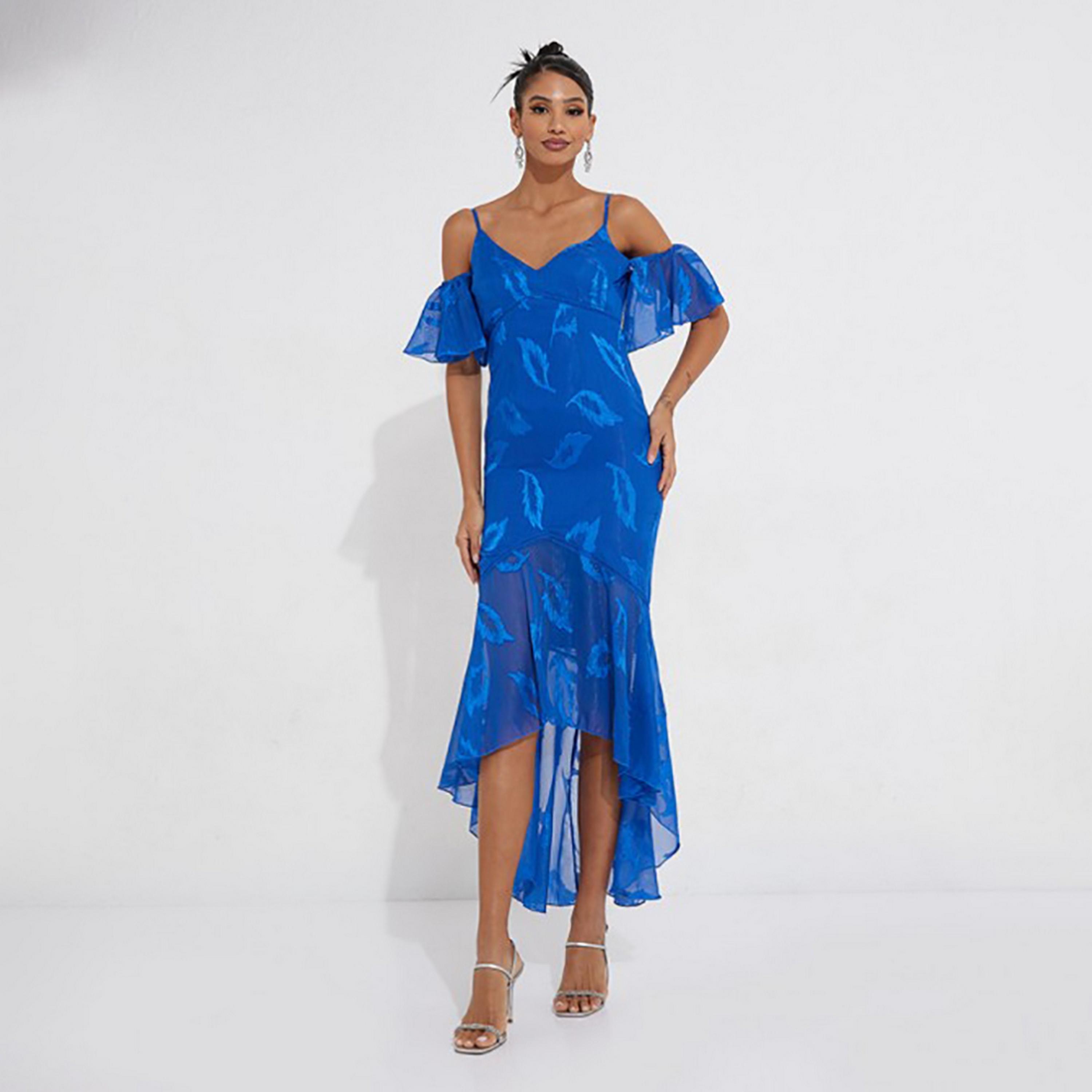 Little Mistress Blue Printed Shoulder Straps Cold Shoulder Sleeves High-Low Midi Women's Dress-women-clothing-dresses-image-3
