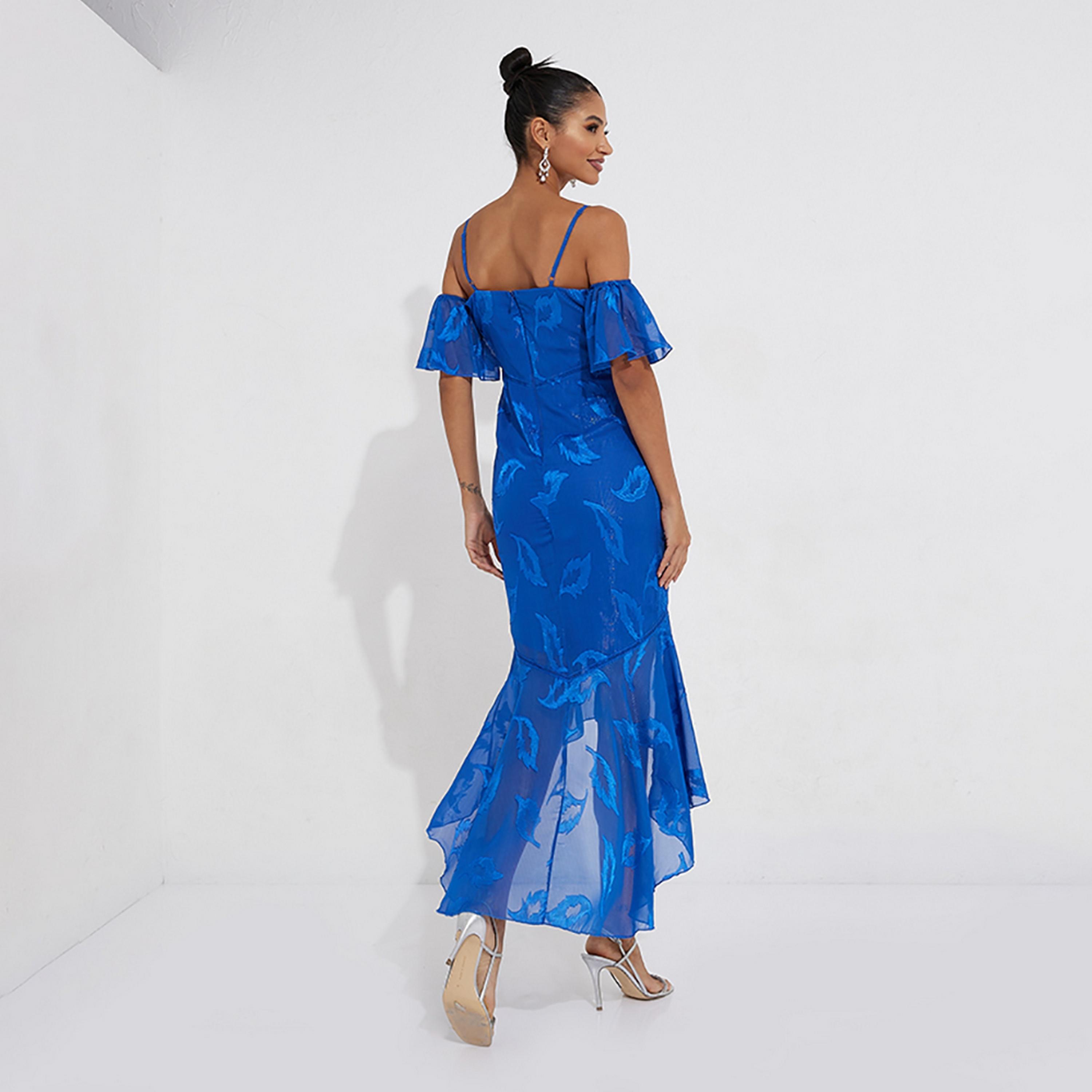 Little Mistress Blue Printed Shoulder Straps Cold Shoulder Sleeves High-Low Midi Women's Dress-women-clothing-dresses-image-4