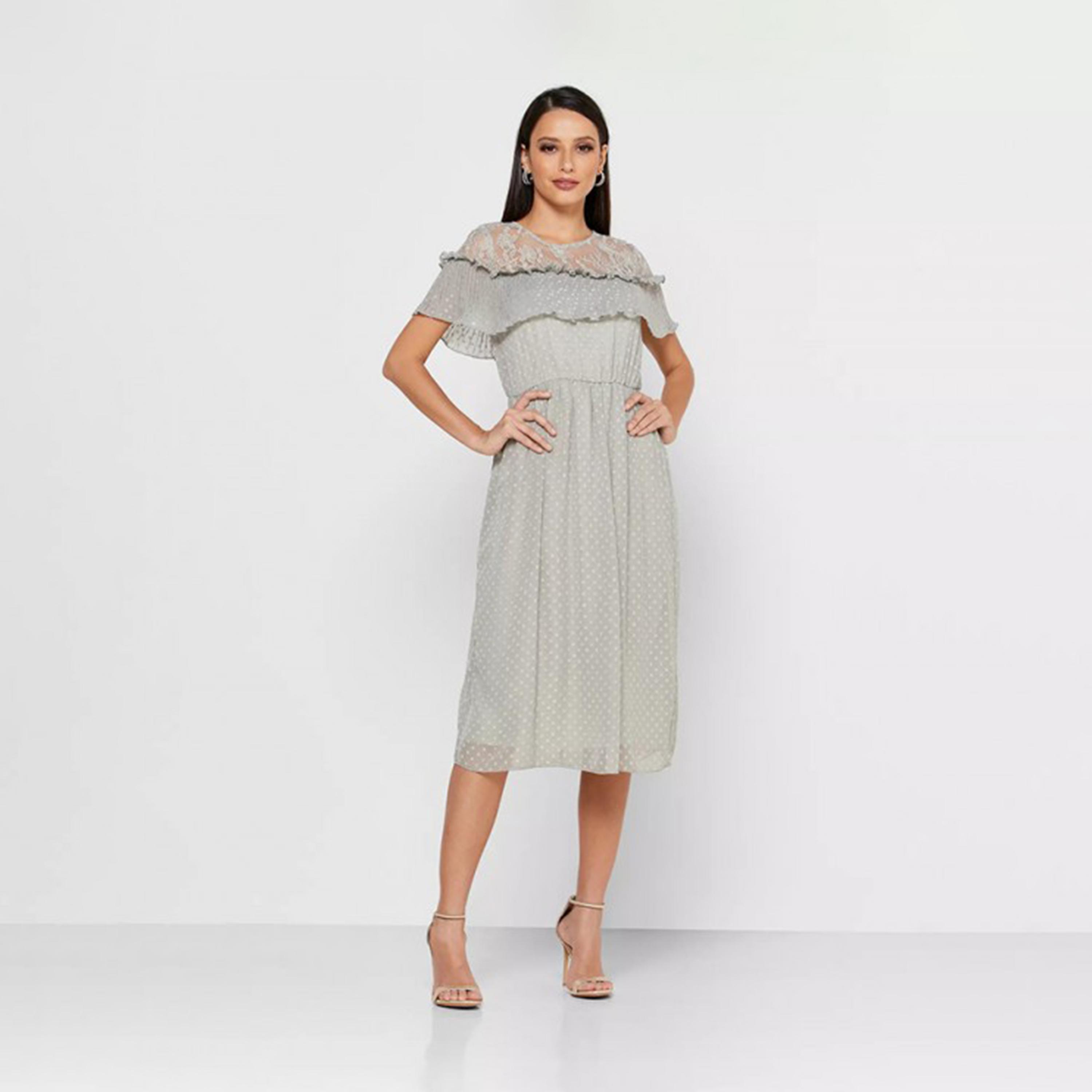 Little Mistress Lace Round Neck A-line Midi Dress with Short Sleeves-women-clothing-dresses-image-1