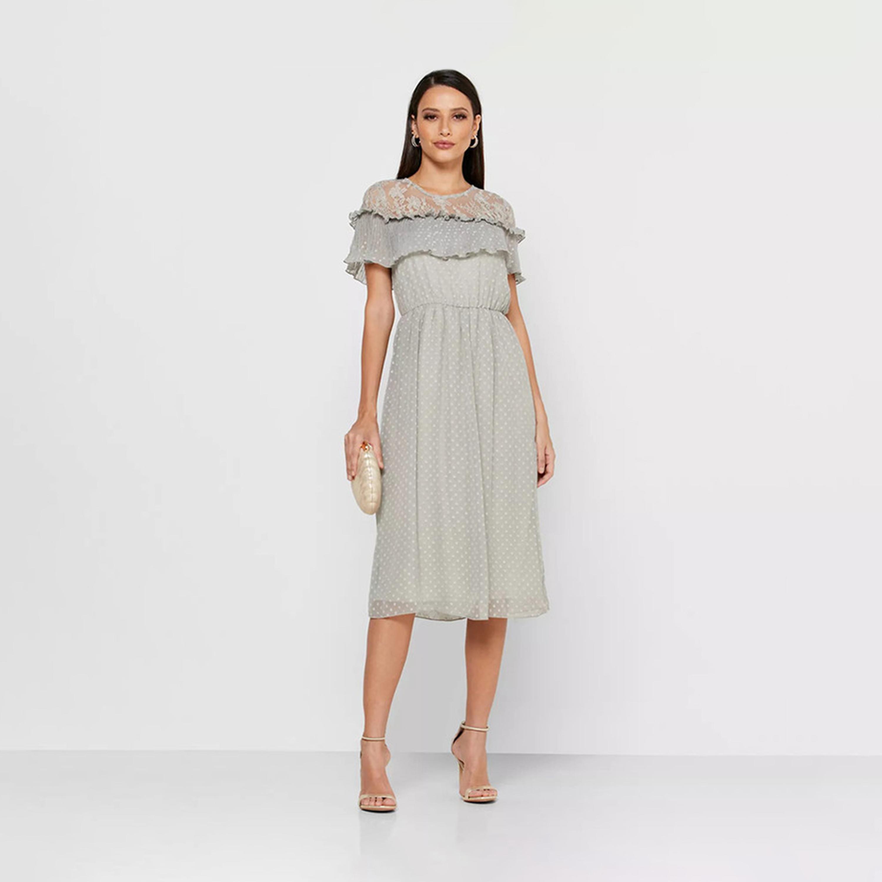 Little Mistress Lace Round Neck A-line Midi Dress with Short Sleeves-women-clothing-dresses-image-2