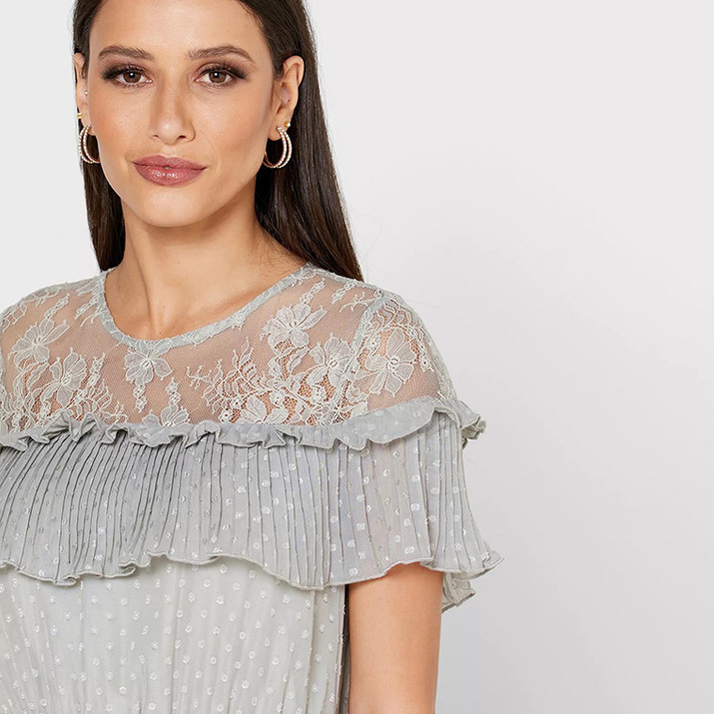 ليتل مسترس- فستان بشكل A ياقة مستديرة دانتيل متوسط الطول أكمام قصيرة-women-clothing-dresses-image-3
