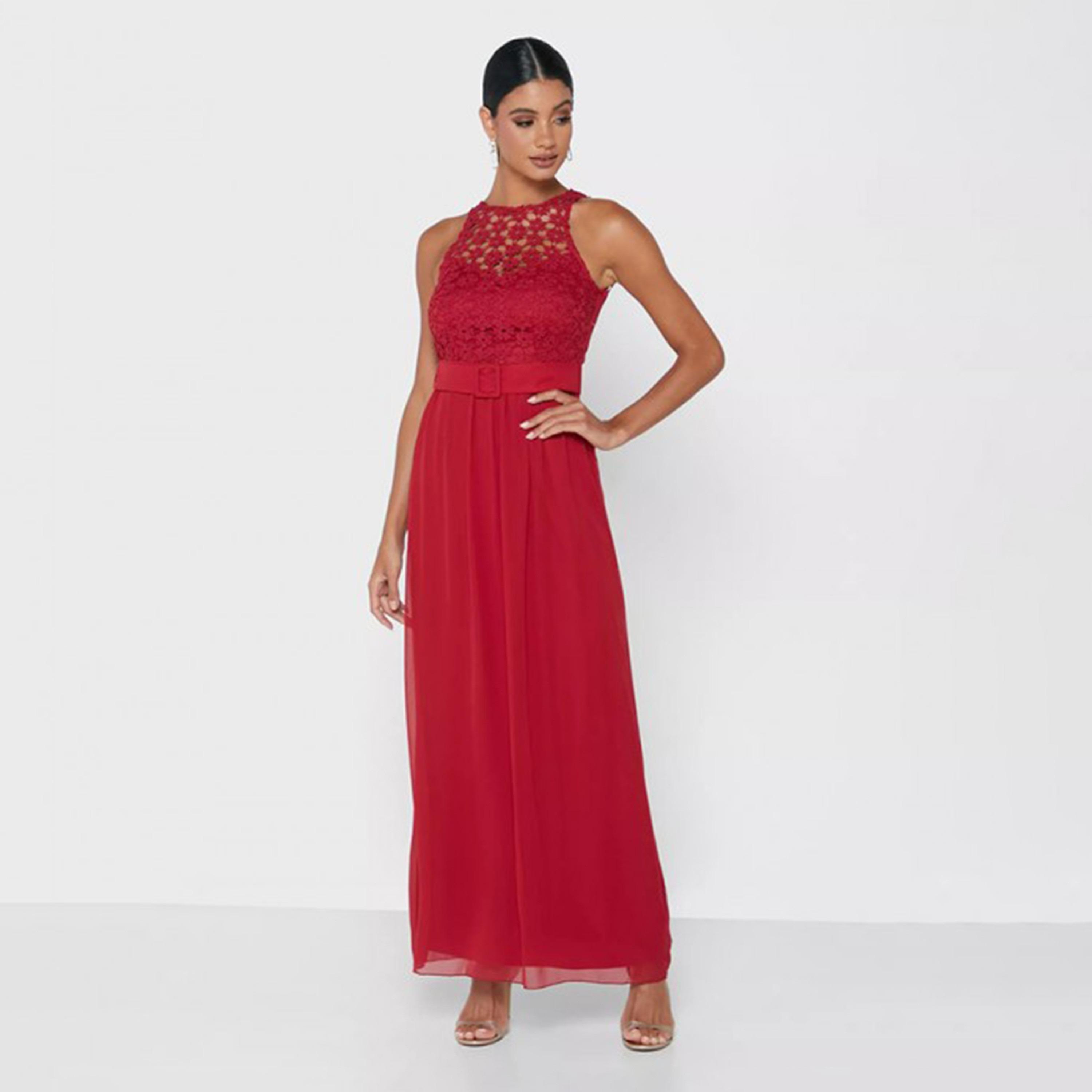 Little Mistress Red Lace Halter Neck Belted Evening Dress-women-clothing-dresses-image-1