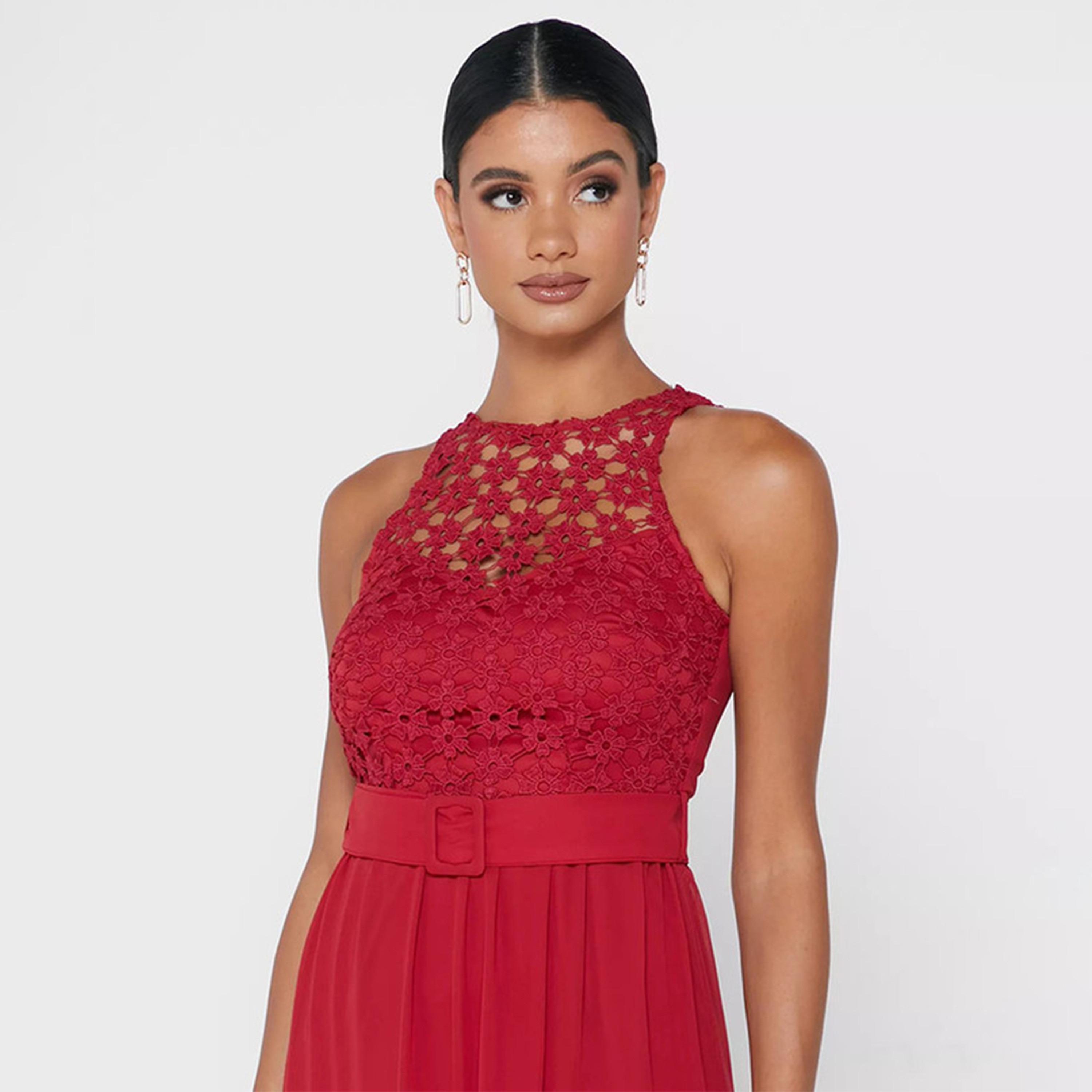 Little Mistress Red Lace Halter Neck Belted Evening Dress-women-clothing-dresses-image-2