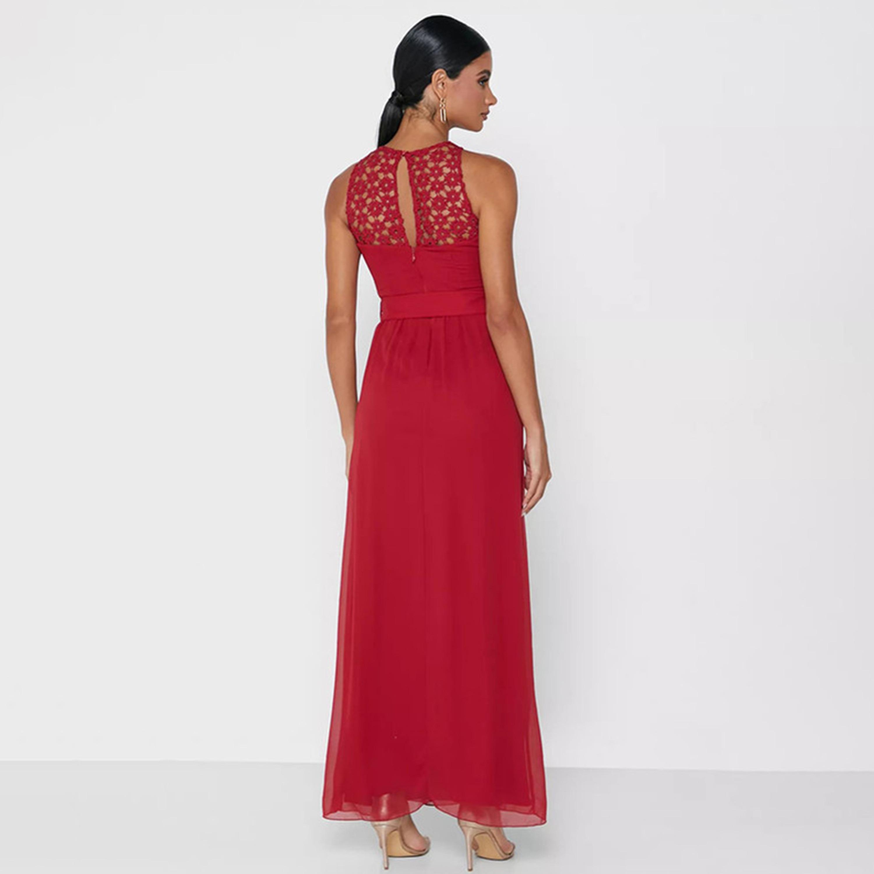 Little Mistress Red Lace Halter Neck Belted Evening Dress-women-clothing-dresses-image-3