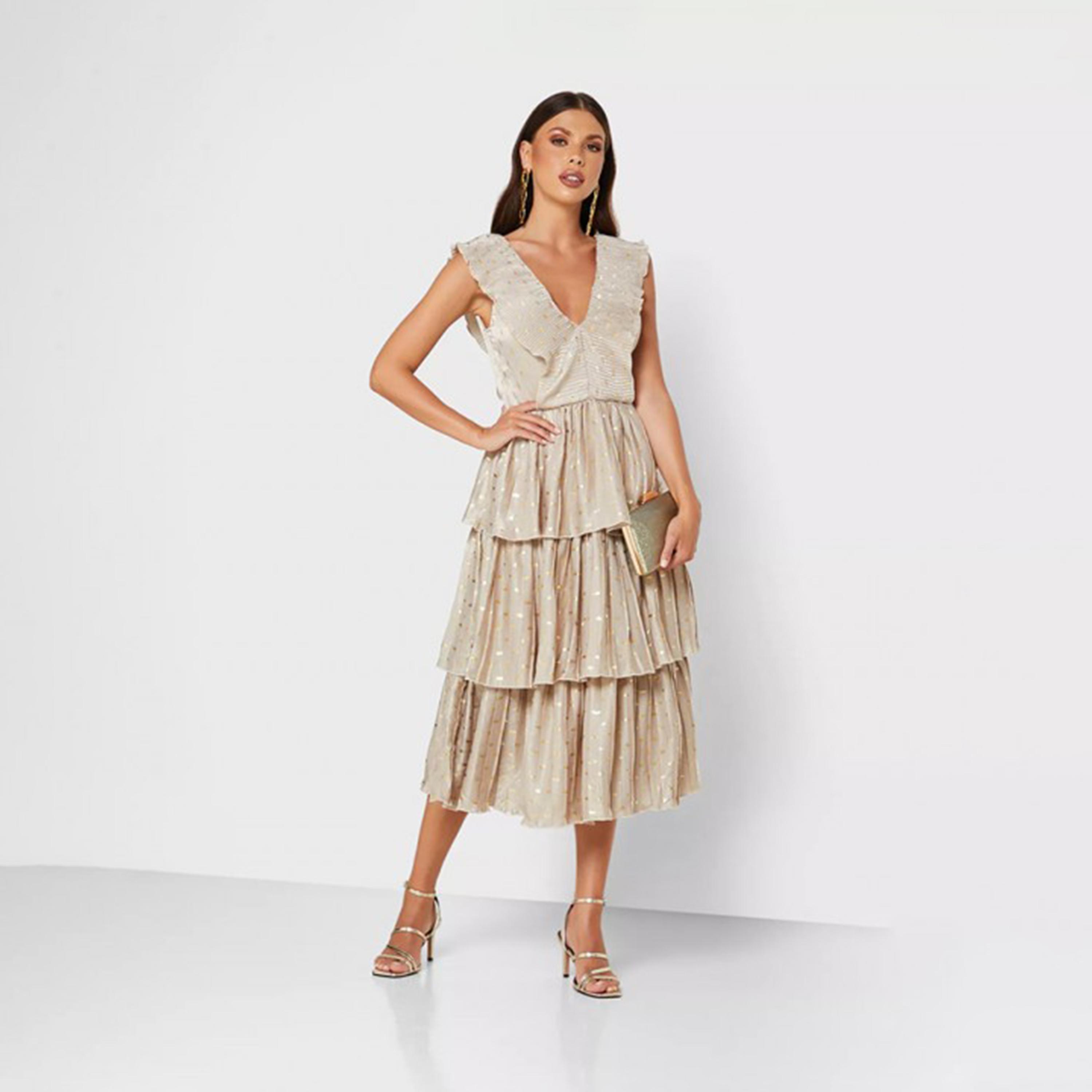Little Mistress Ruffle V-neck Tiered Midi Dress-women-clothing-dresses-image-1