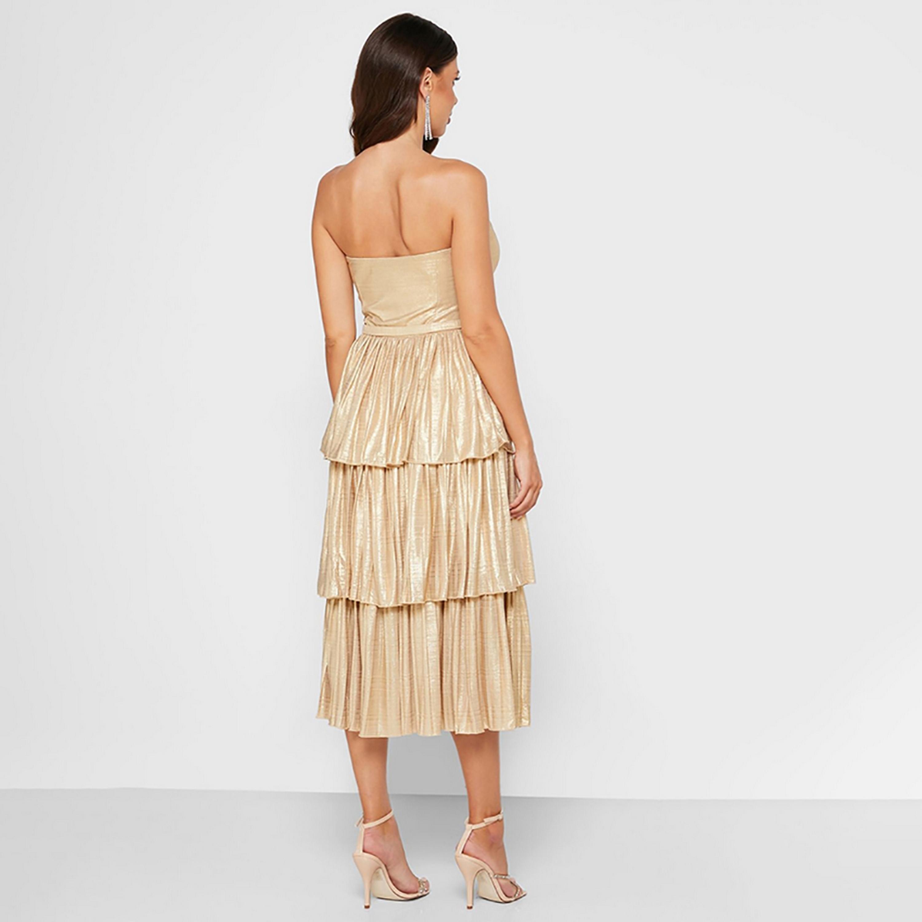 Little Mistress Gold Layered Off Shoulder Evening Tube Midi Women's Dress-women-clothing-dresses-image-2