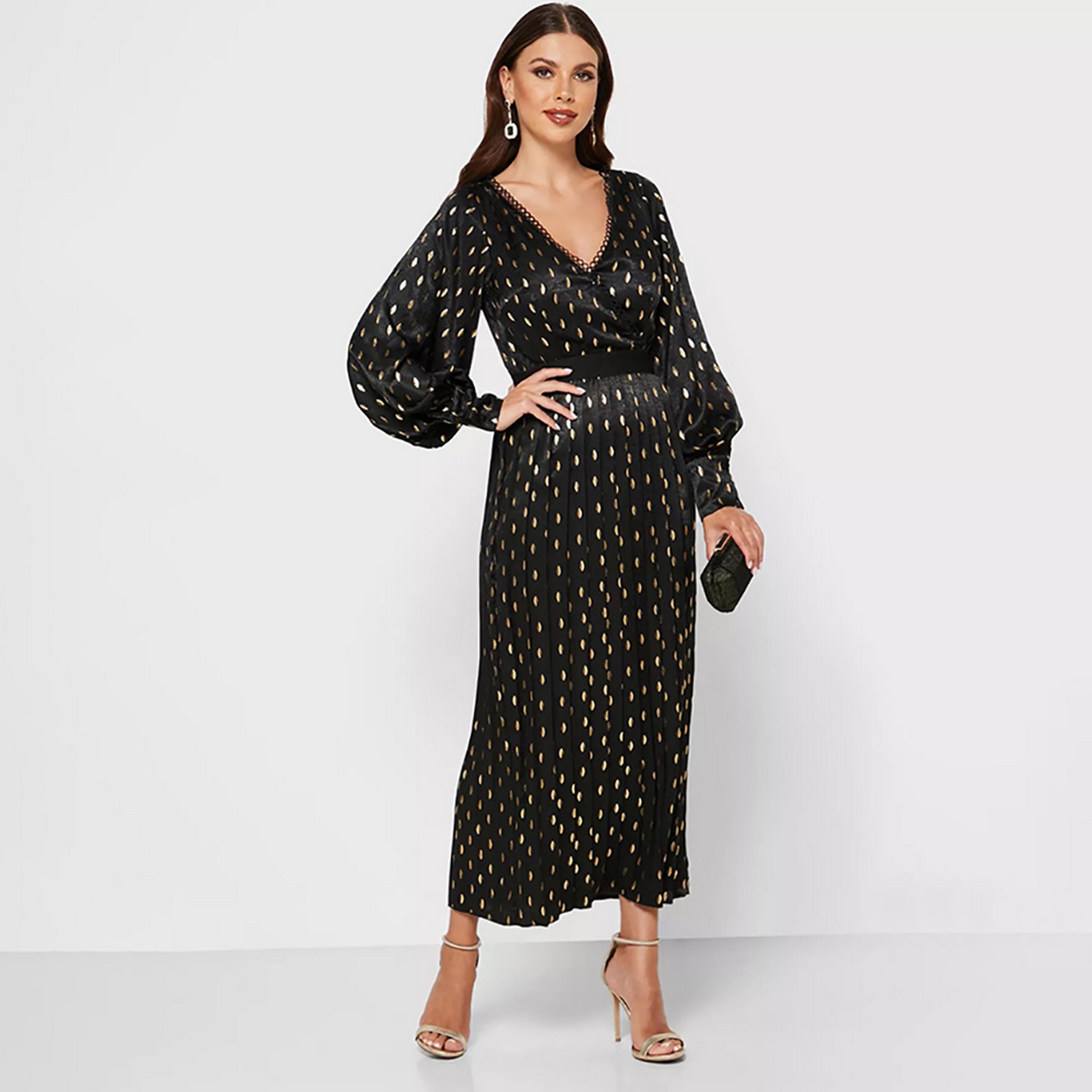 Little Mistress Black Polka Dots Evening Fit and Flared Midi Women's Dress-women-clothing-dresses-image-1