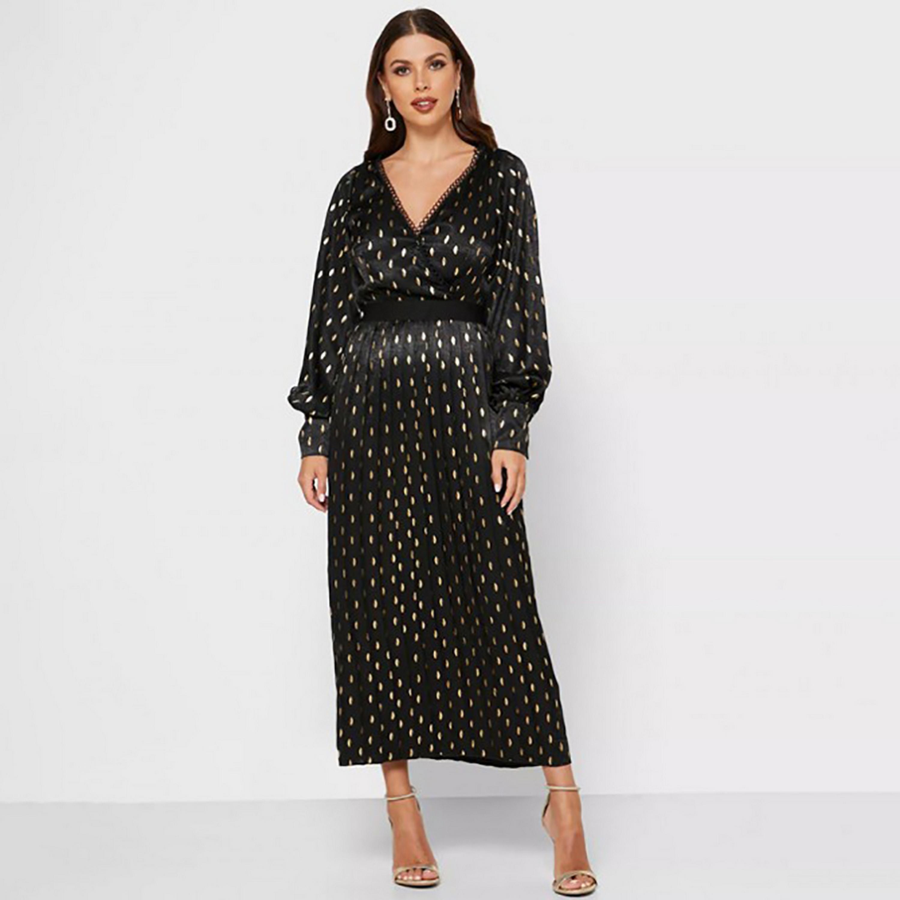 Little Mistress Black Polka Dots Evening Fit and Flared Midi Women's Dress-women-clothing-dresses-image-3