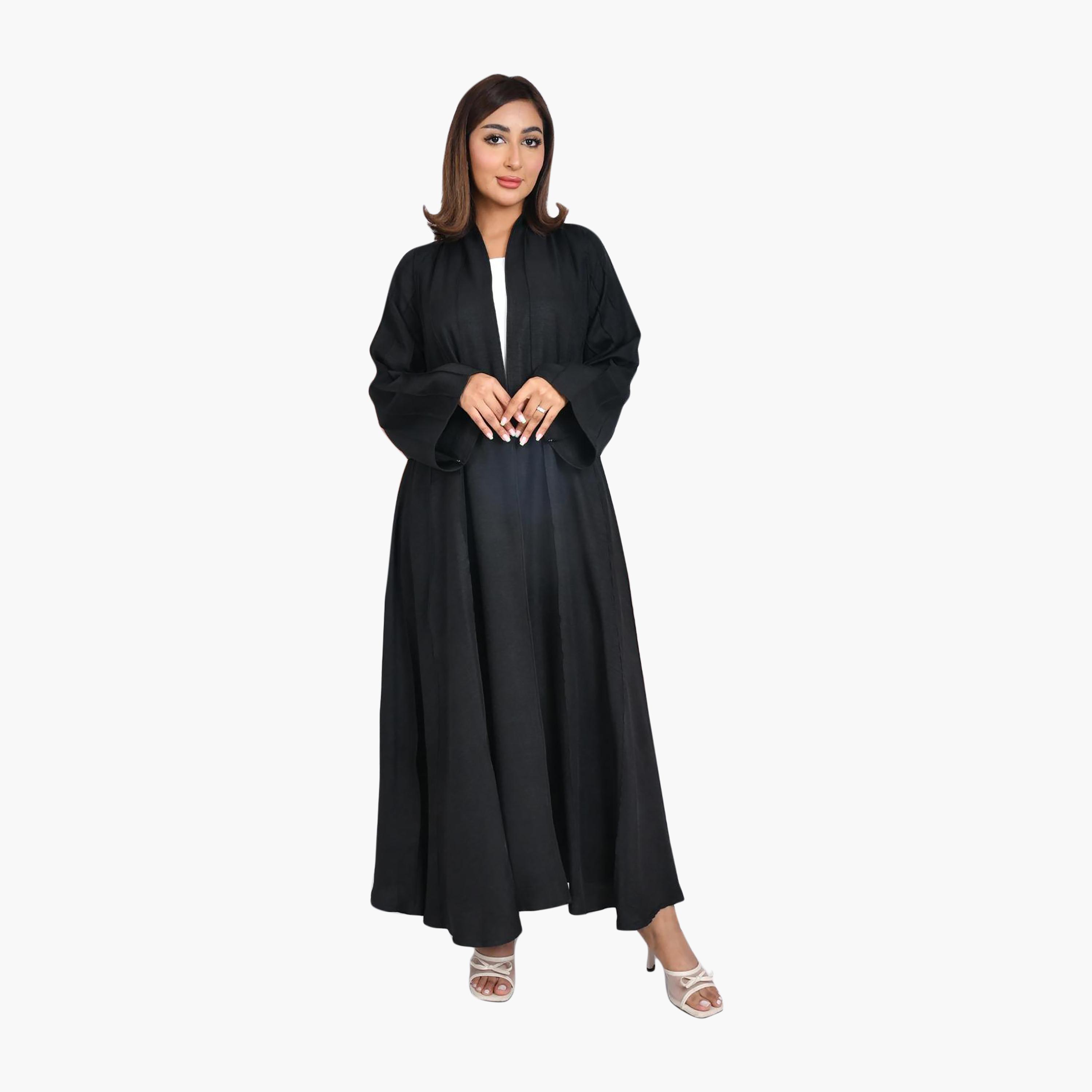 عباية نسائية من الكتان بأكمام واسعة وتفاصيل خياطة سوداء نصف كلوش من بيوند عباية-women-arabicclothing-abayas-image-1