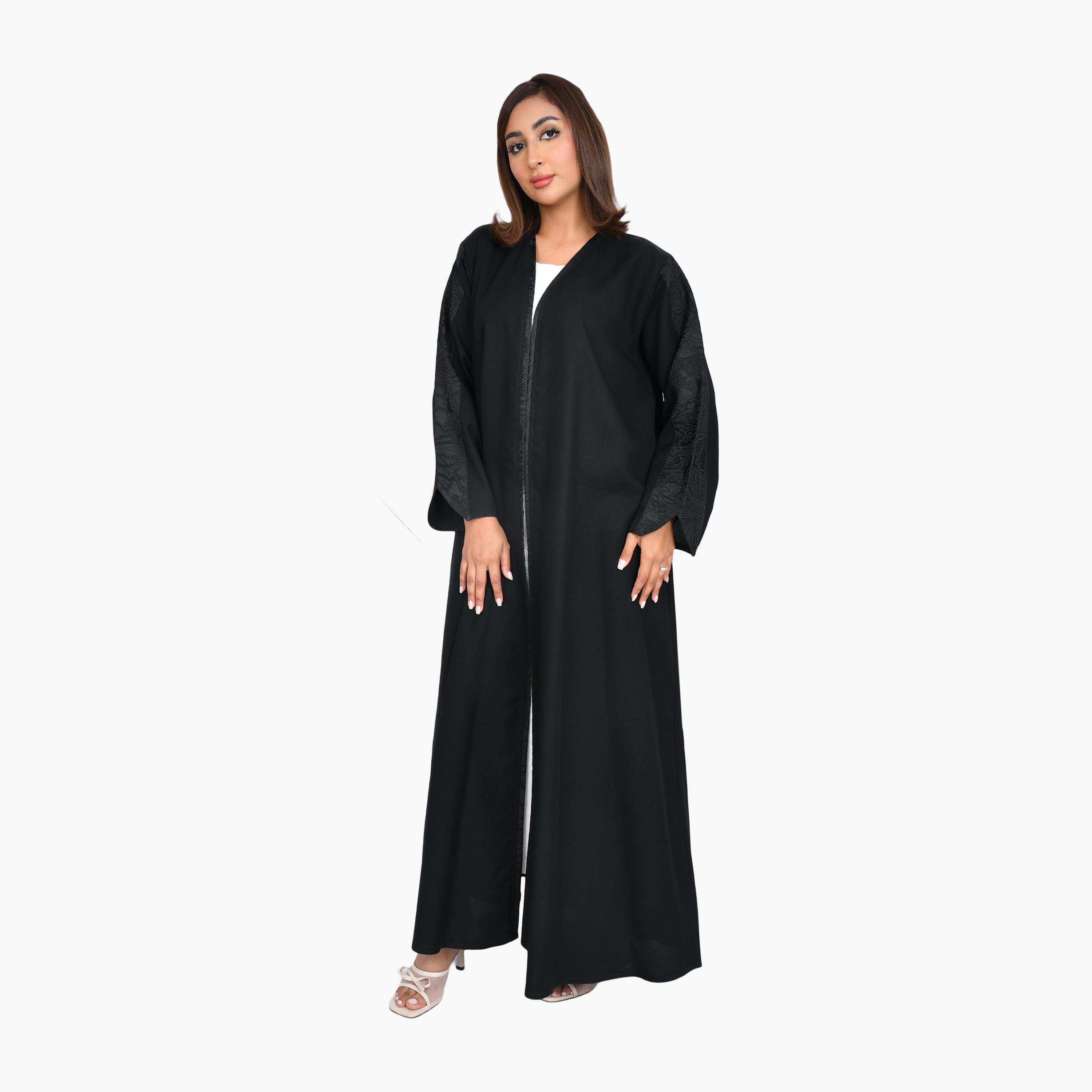 Beyond Abaya Black Jacquard Panel Sleeves Linen Women's Quarter-Cloche Abaya-women-arabicclothing-abayas-image-1