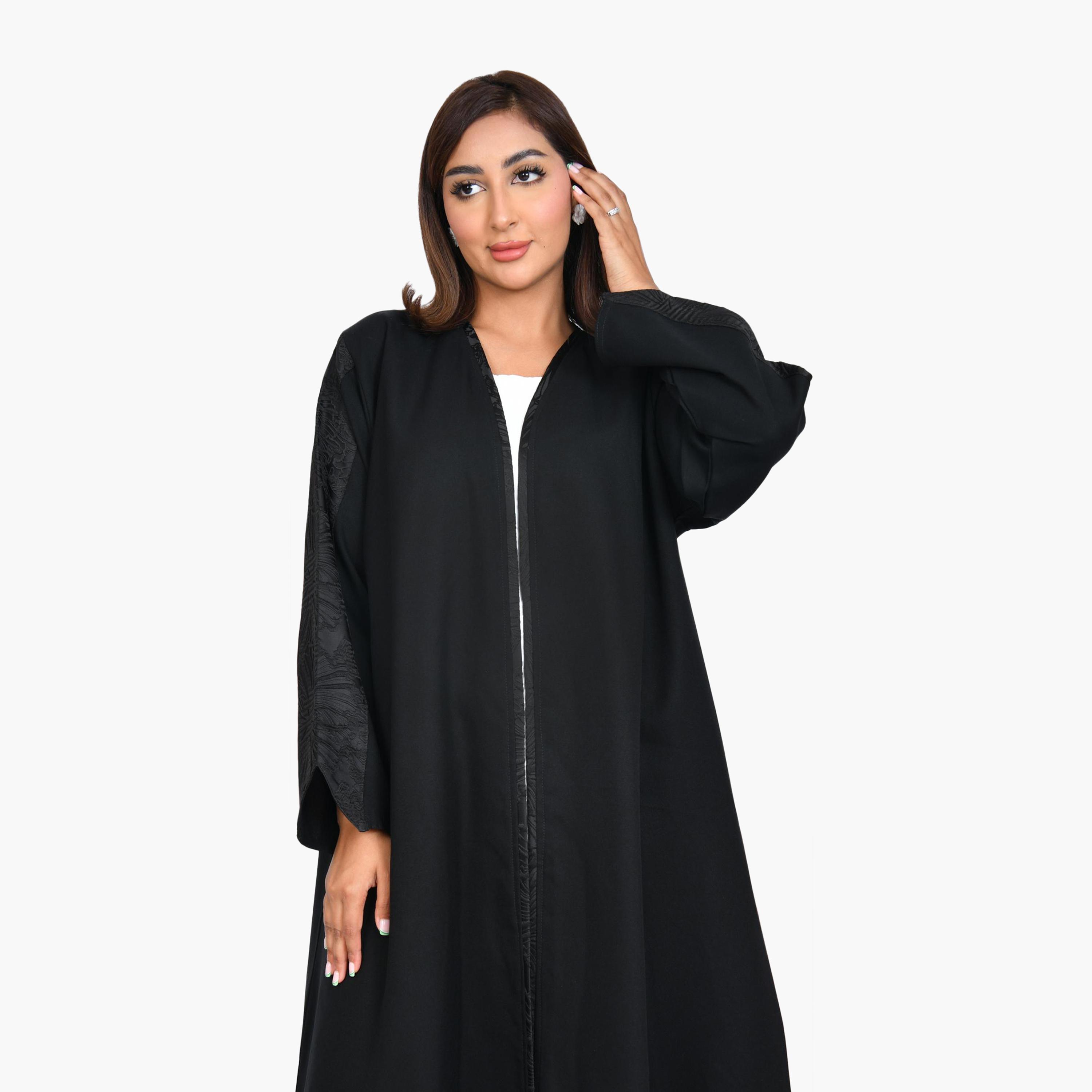 Beyond Abaya Black Jacquard Panel Sleeves Linen Women's Quarter-Cloche Abaya-women-arabicclothing-abayas-image-2