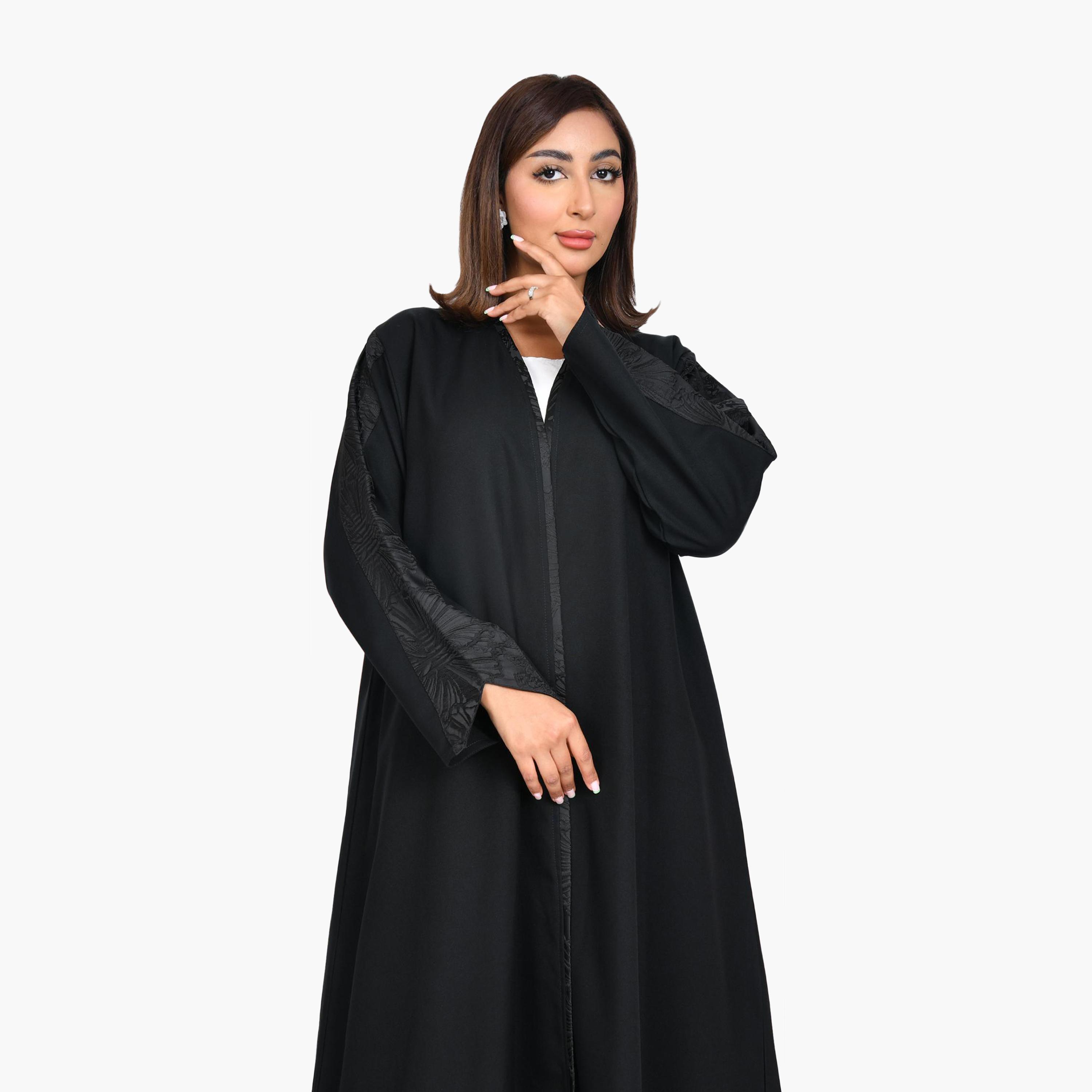 Beyond Abaya Black Jacquard Panel Sleeves Linen Women's Quarter-Cloche Abaya-women-arabicclothing-abayas-image-3