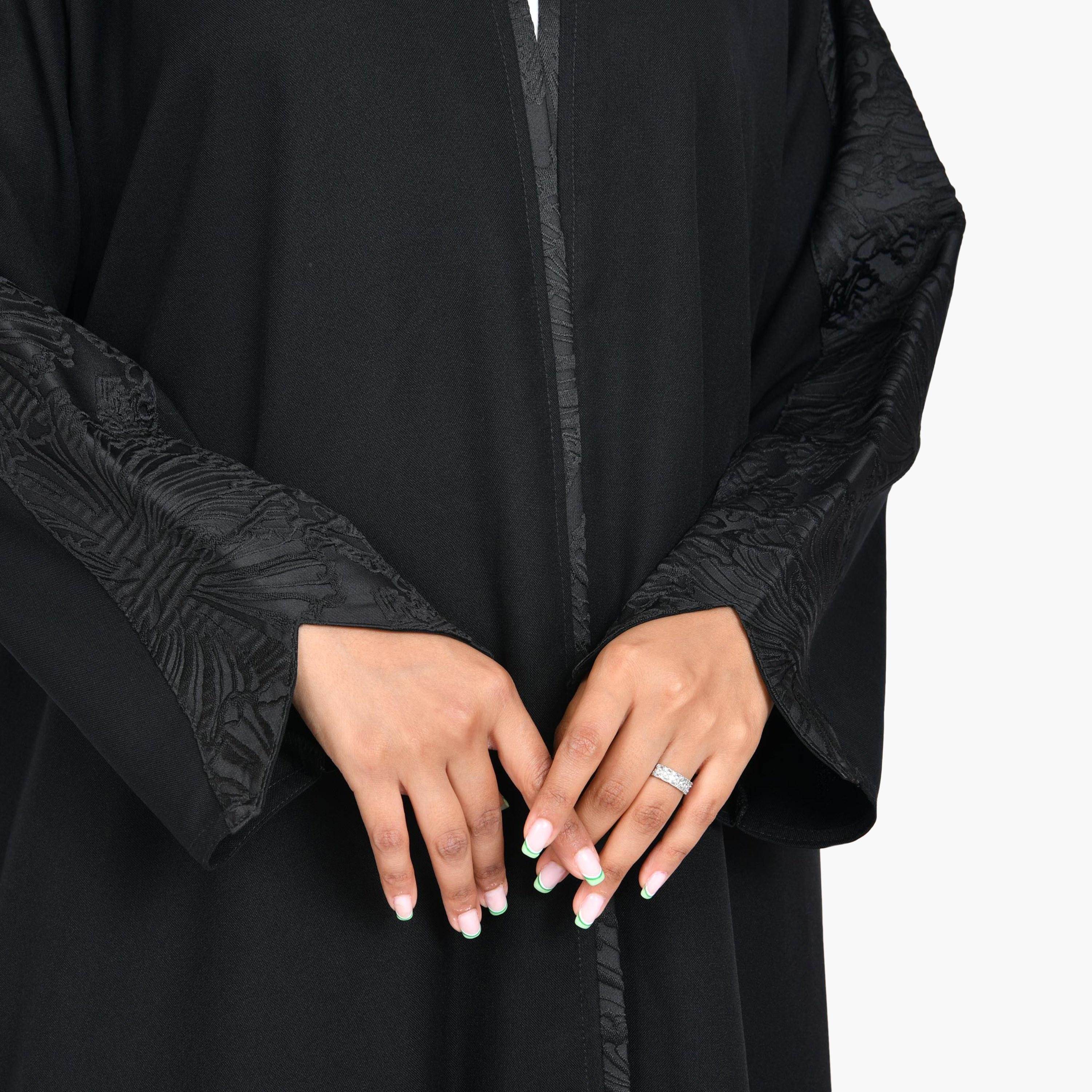 Beyond Abaya Black Jacquard Panel Sleeves Linen Women's Quarter-Cloche Abaya-women-arabicclothing-abayas-image-4