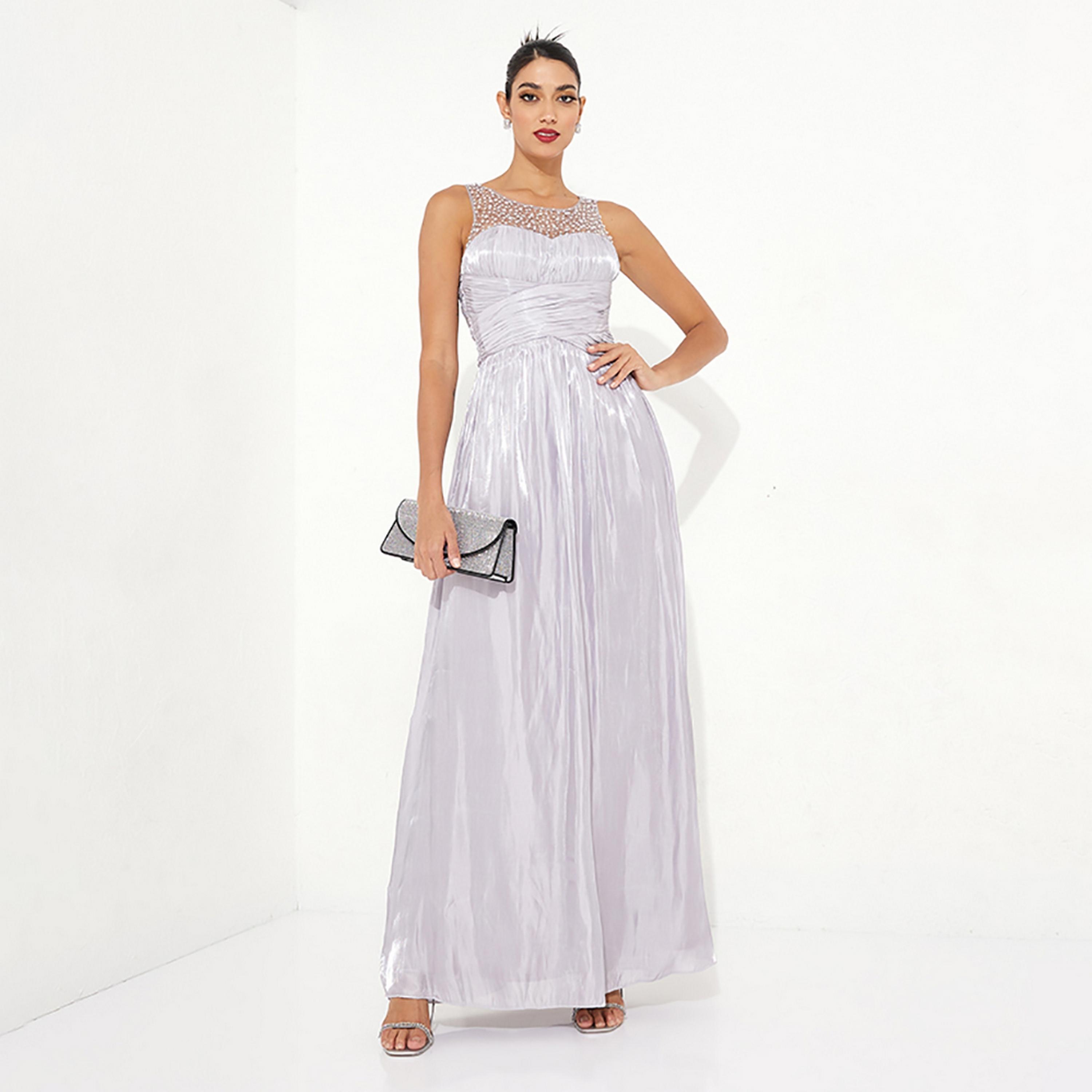 Little Mistress Grey Pearl Embellished Evening Fit and Flared Maxi Women's Dress-women-clothing-dresses-image-1