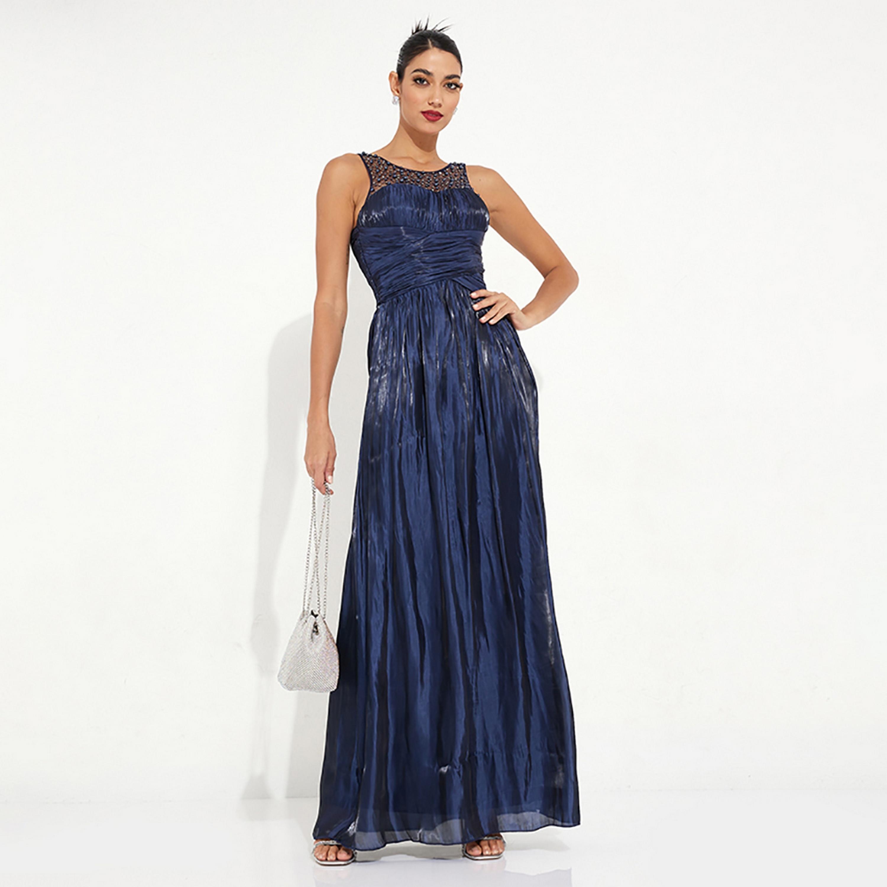 Little Mistress Blue Pearl Embellished Evening Fit and Flared Maxi Women's Dress-women-clothing-dresses-image-1