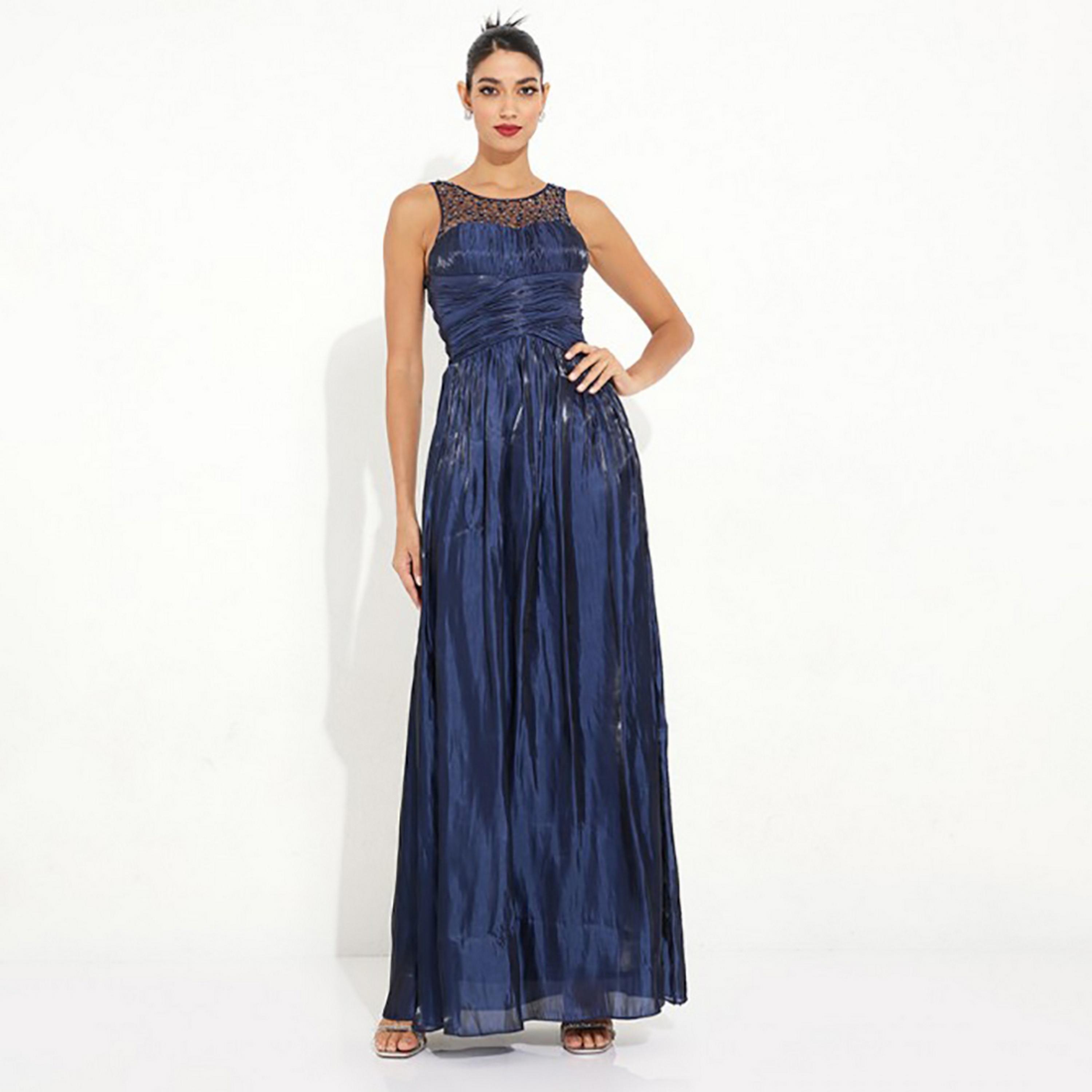 Little Mistress Blue Pearl Embellished Evening Fit and Flared Maxi Women's Dress-women-clothing-dresses-image-3