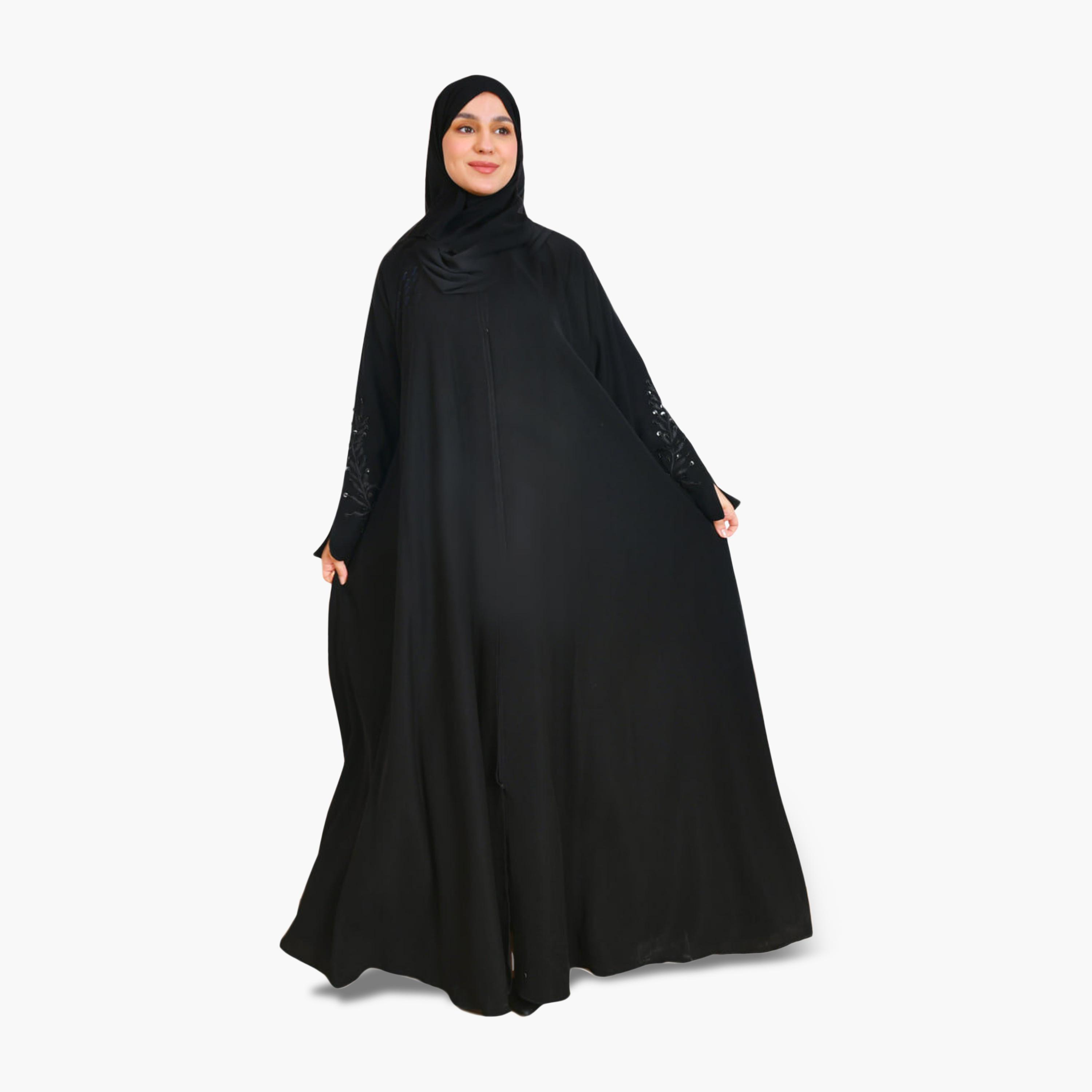 Beyond Abaya Black Embroidered Sleeves Linen Women's Abaya with Hijab-women-arabicclothing-abayas-image-1