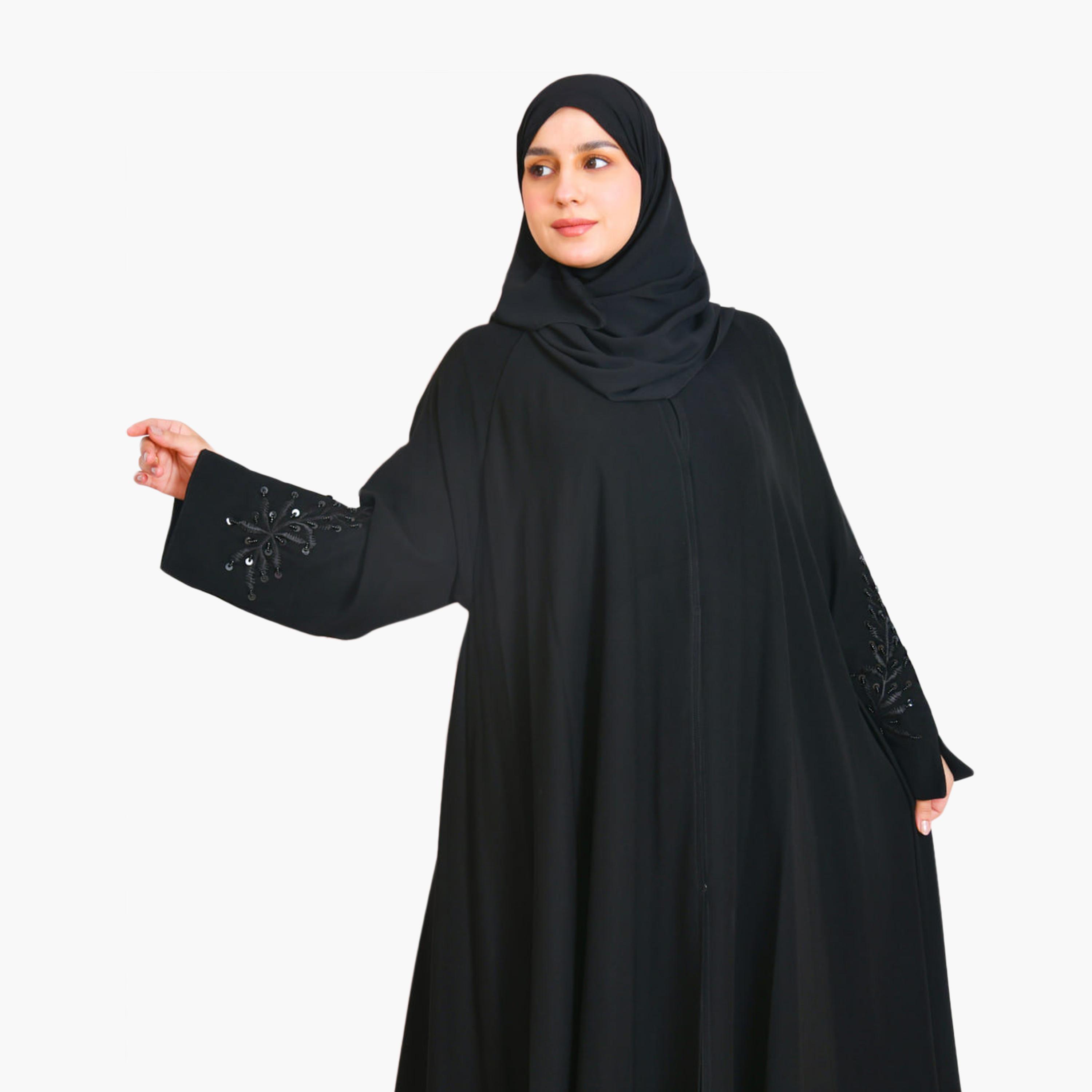 Beyond Abaya Black Embroidered Sleeves Linen Women's Abaya with Hijab-women-arabicclothing-abayas-image-2