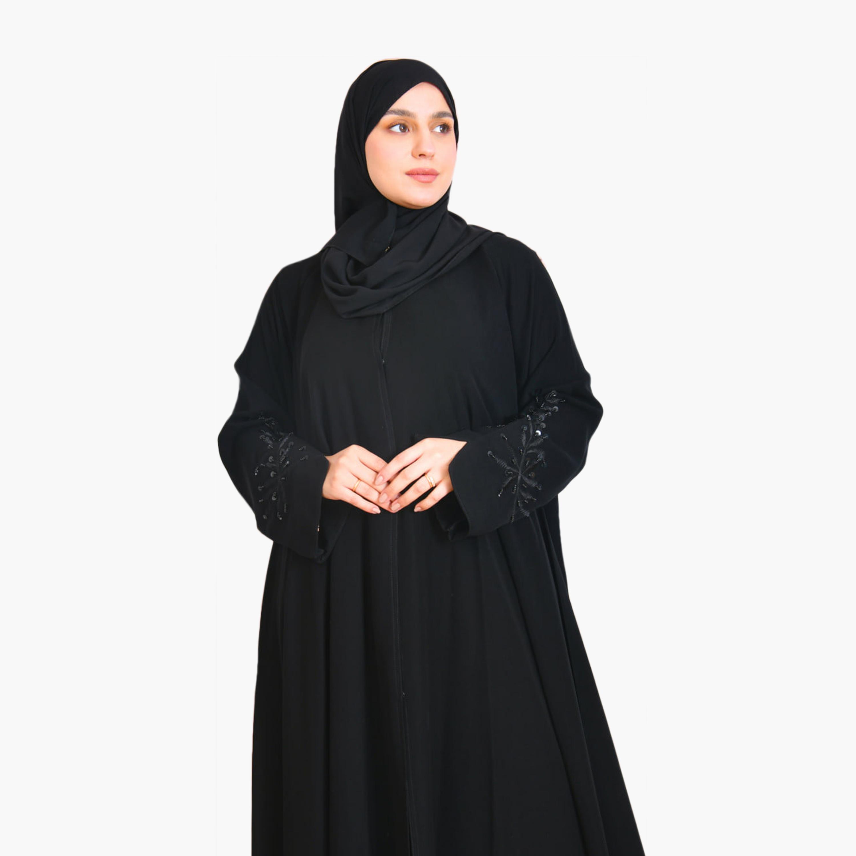 Beyond Abaya Black Embroidered Sleeves Linen Women's Abaya with Hijab-women-arabicclothing-abayas-image-3