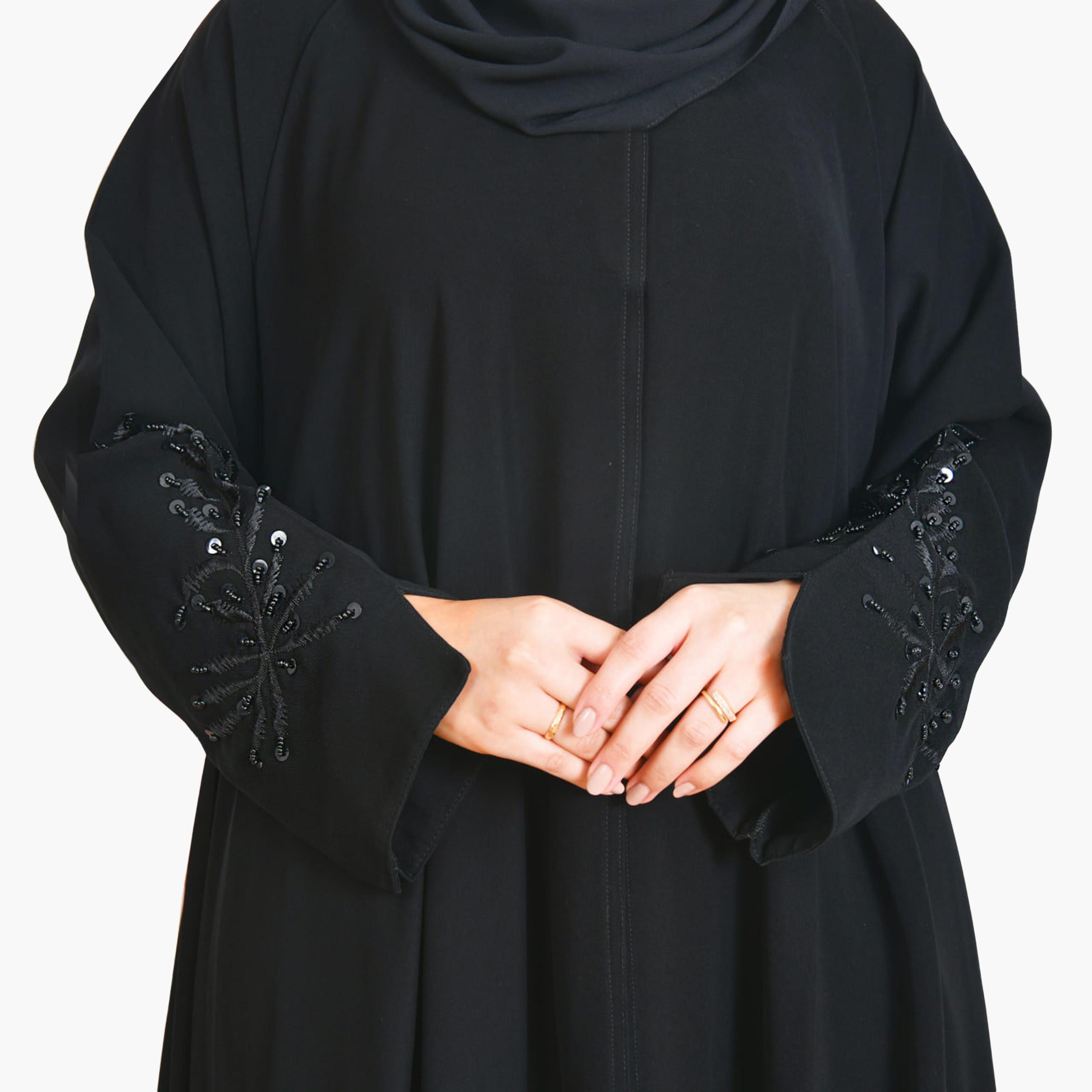 Beyond Abaya Black Embroidered Sleeves Linen Women's Abaya with Hijab-women-arabicclothing-abayas-image-4
