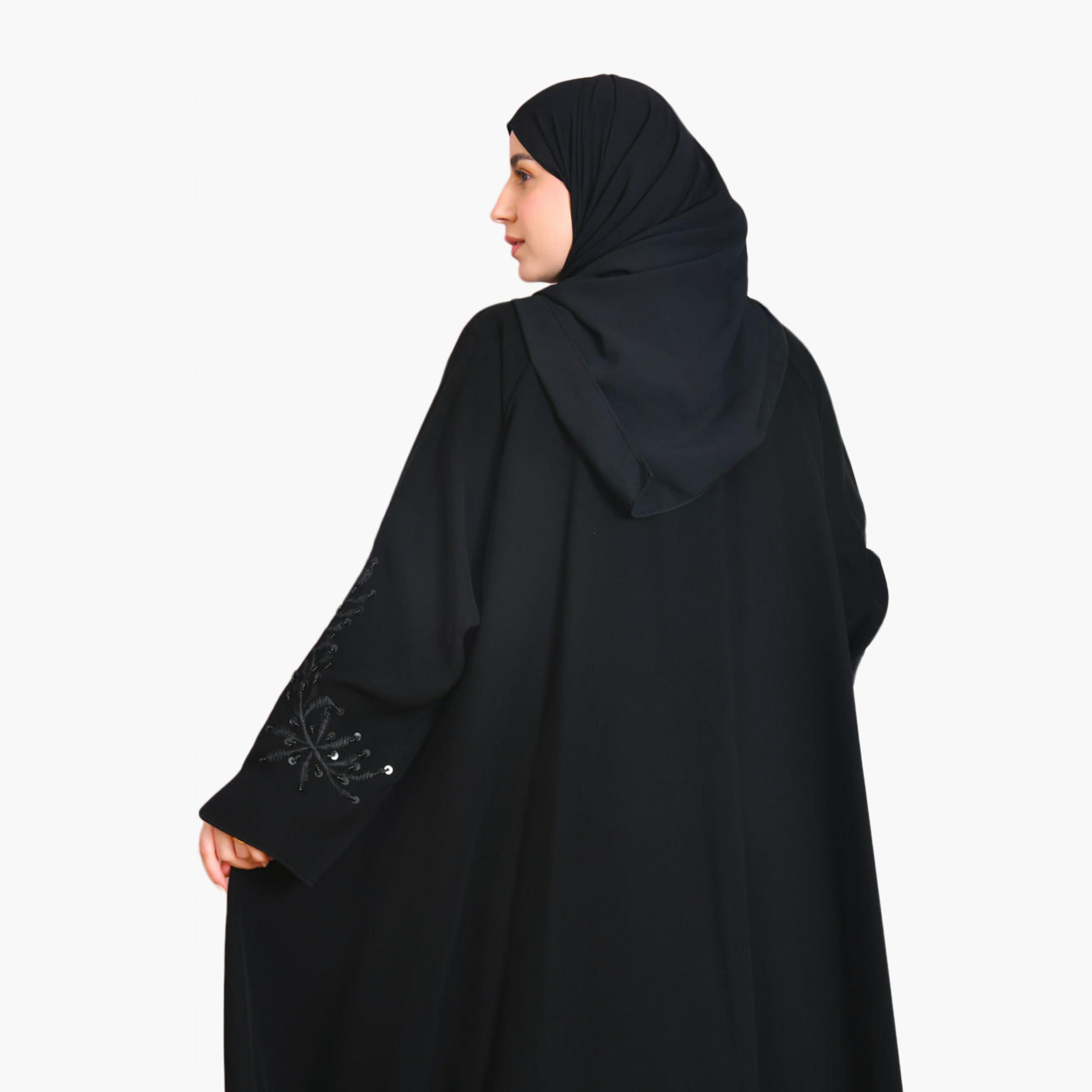 Beyond Abaya Black Embroidered Sleeves Linen Women's Abaya with Hijab-women-arabicclothing-abayas-image-5