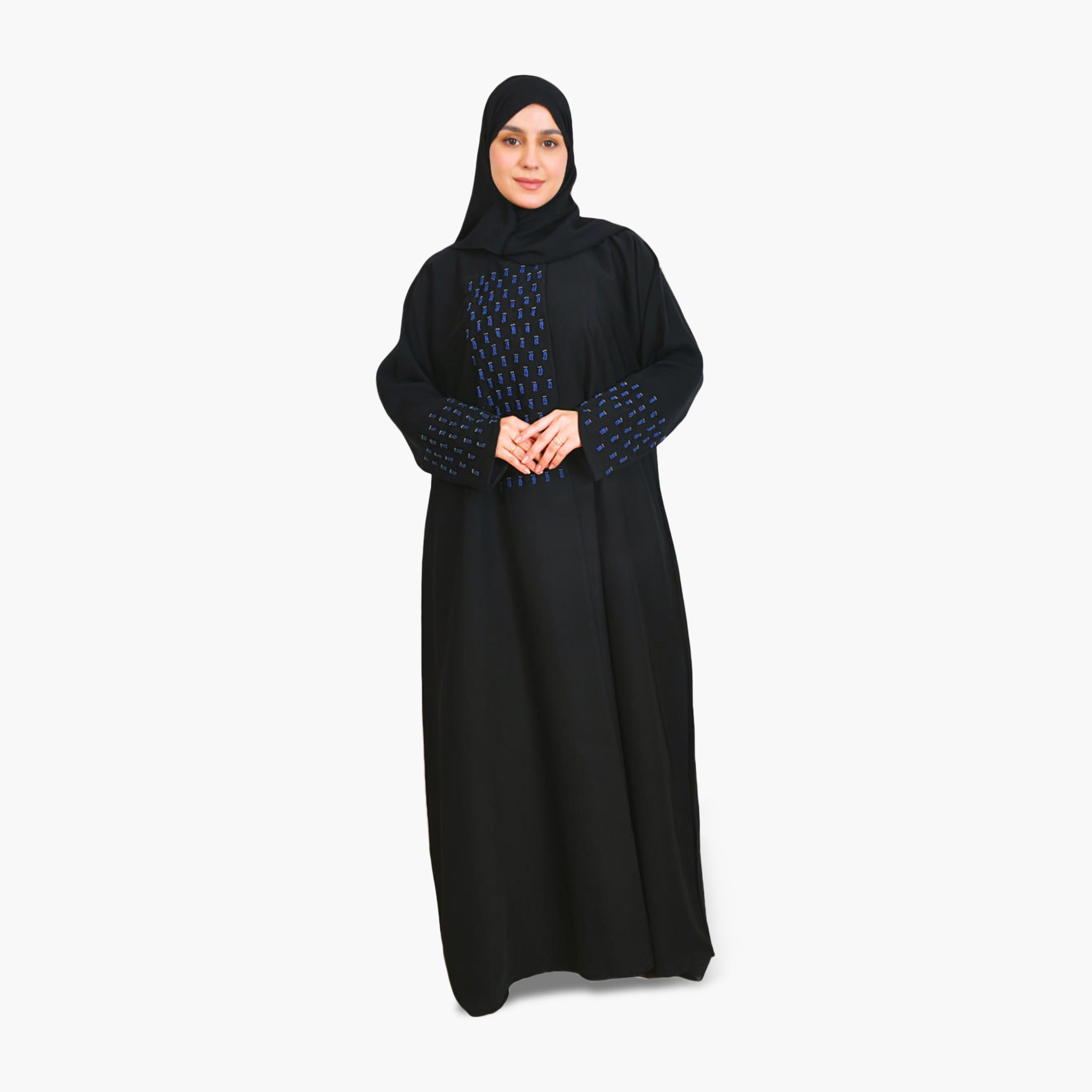Beyond Abaya Black Thread Embroidered Linen Women's Flared Style Abaya with Hijab-women-arabicclothing-abayas-image-1