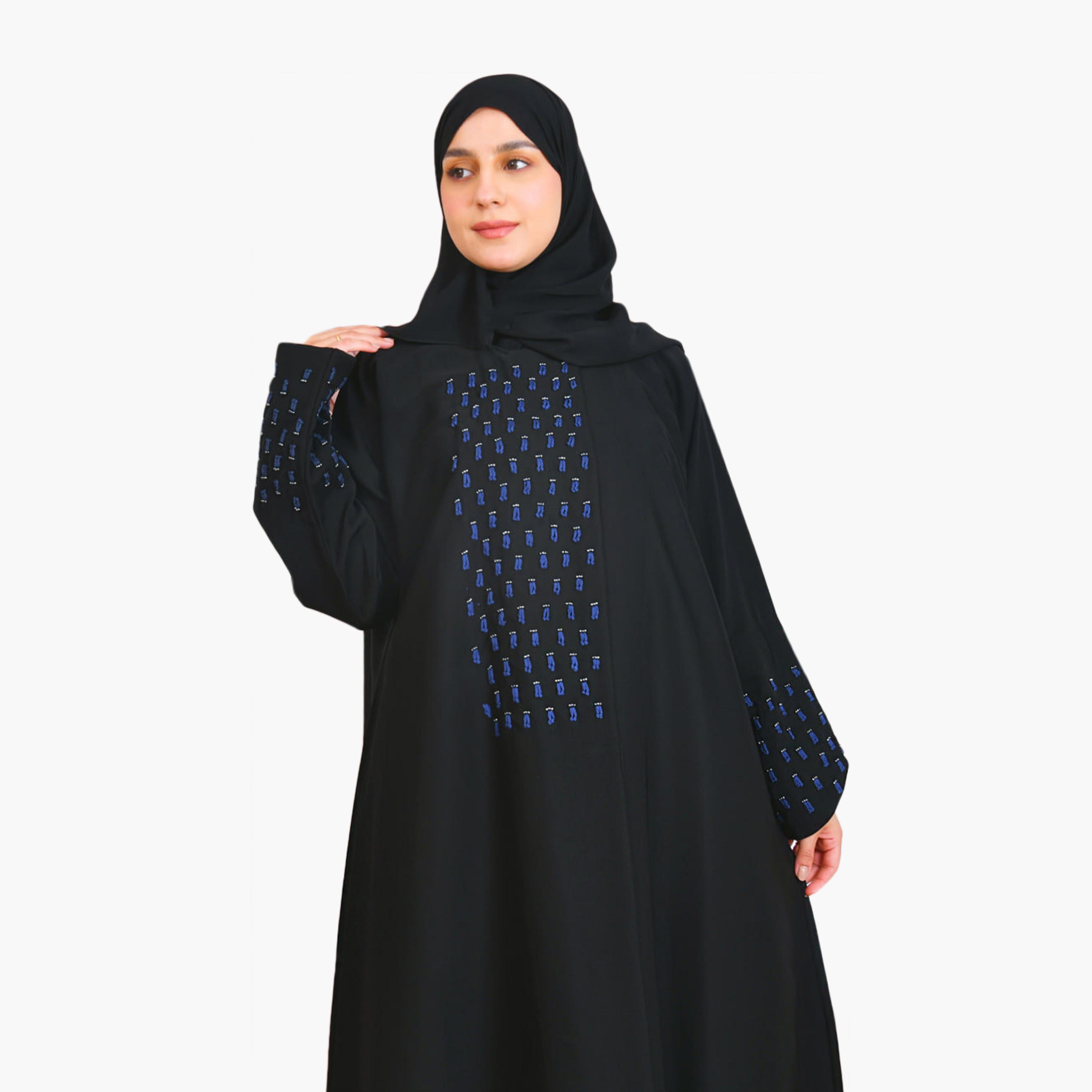 Beyond Abaya Black Thread Embroidered Linen Women's Flared Style Abaya with Hijab-women-arabicclothing-abayas-image-2