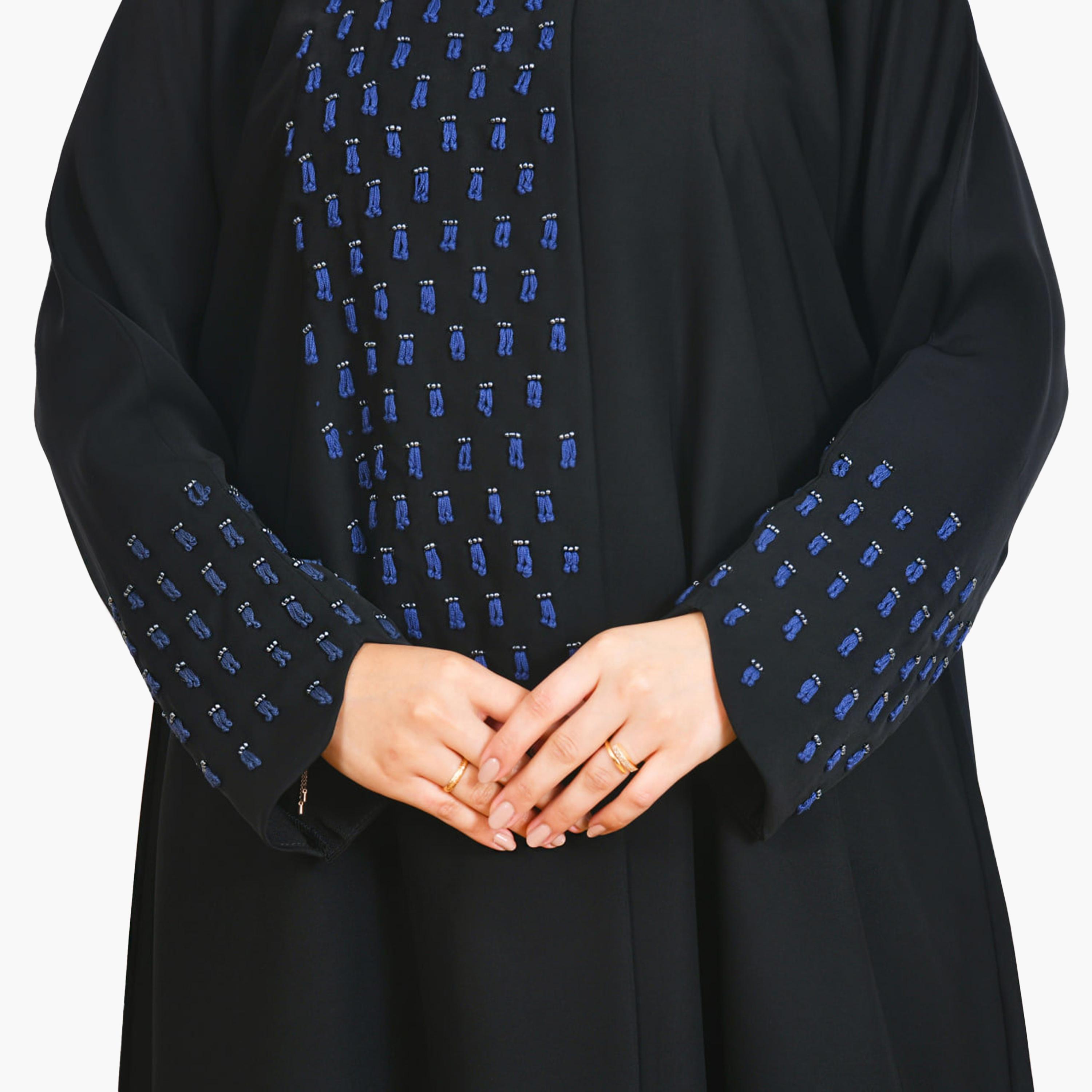 Beyond Abaya Black Thread Embroidered Linen Women's Flared Style Abaya with Hijab-women-arabicclothing-abayas-image-3