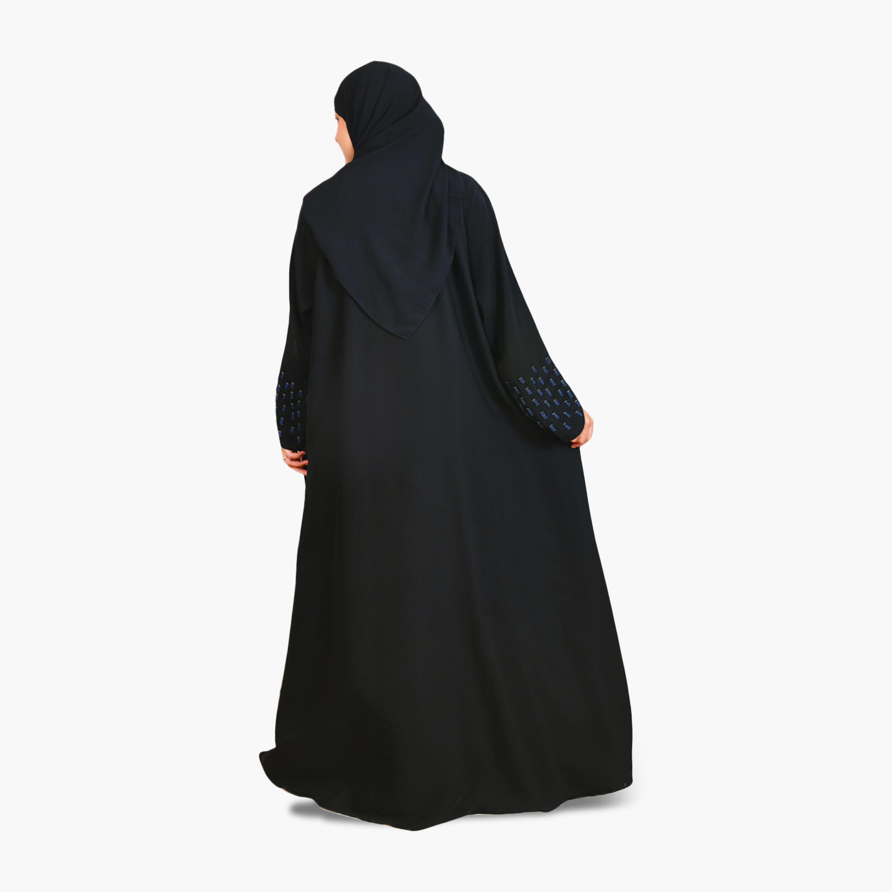 Beyond Abaya Black Thread Embroidered Linen Women's Flared Style Abaya with Hijab-women-arabicclothing-abayas-image-4
