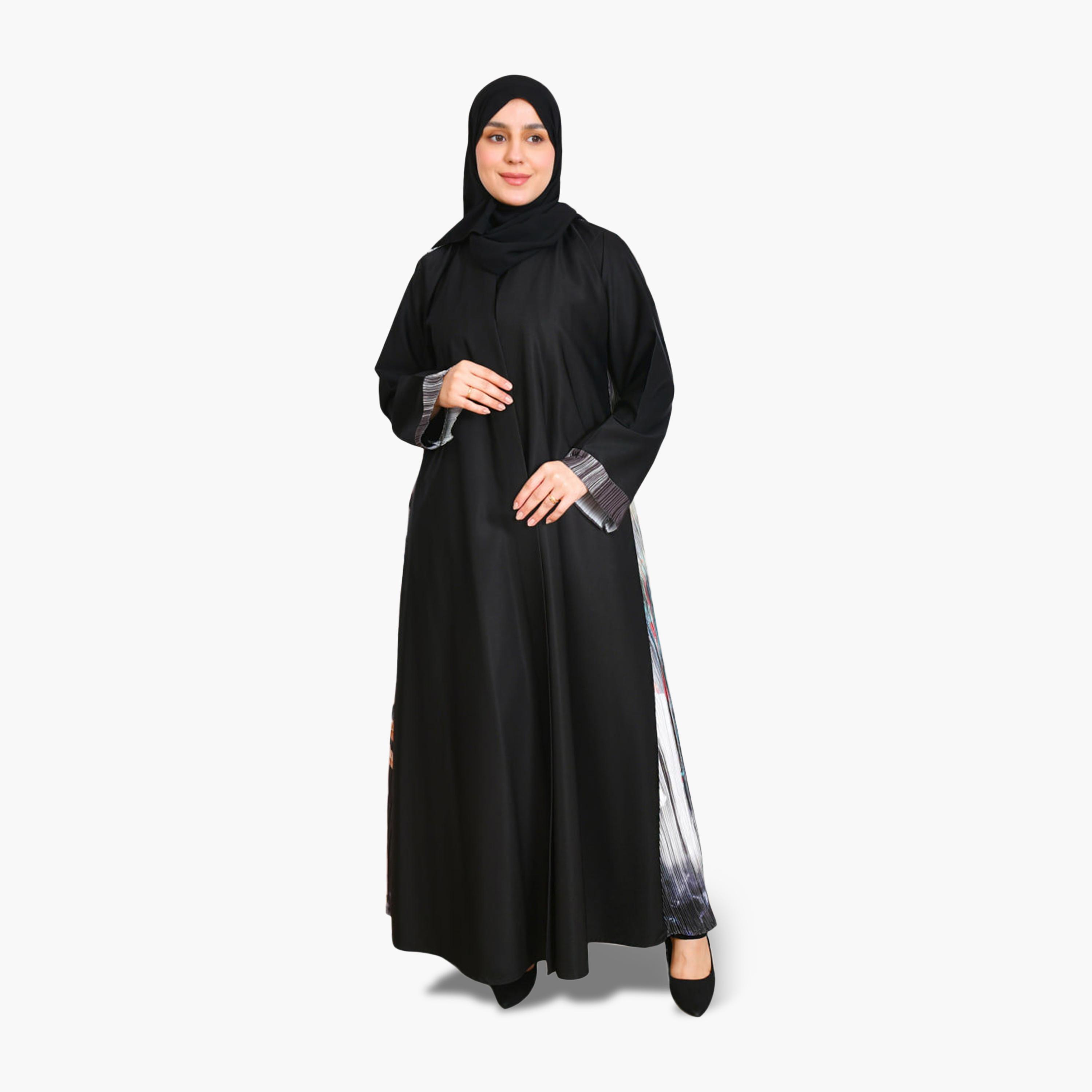 Beyond Abaya Black Floral Print Linen Women's Abaya with Hijab-women-arabicclothing-abayas-image-1
