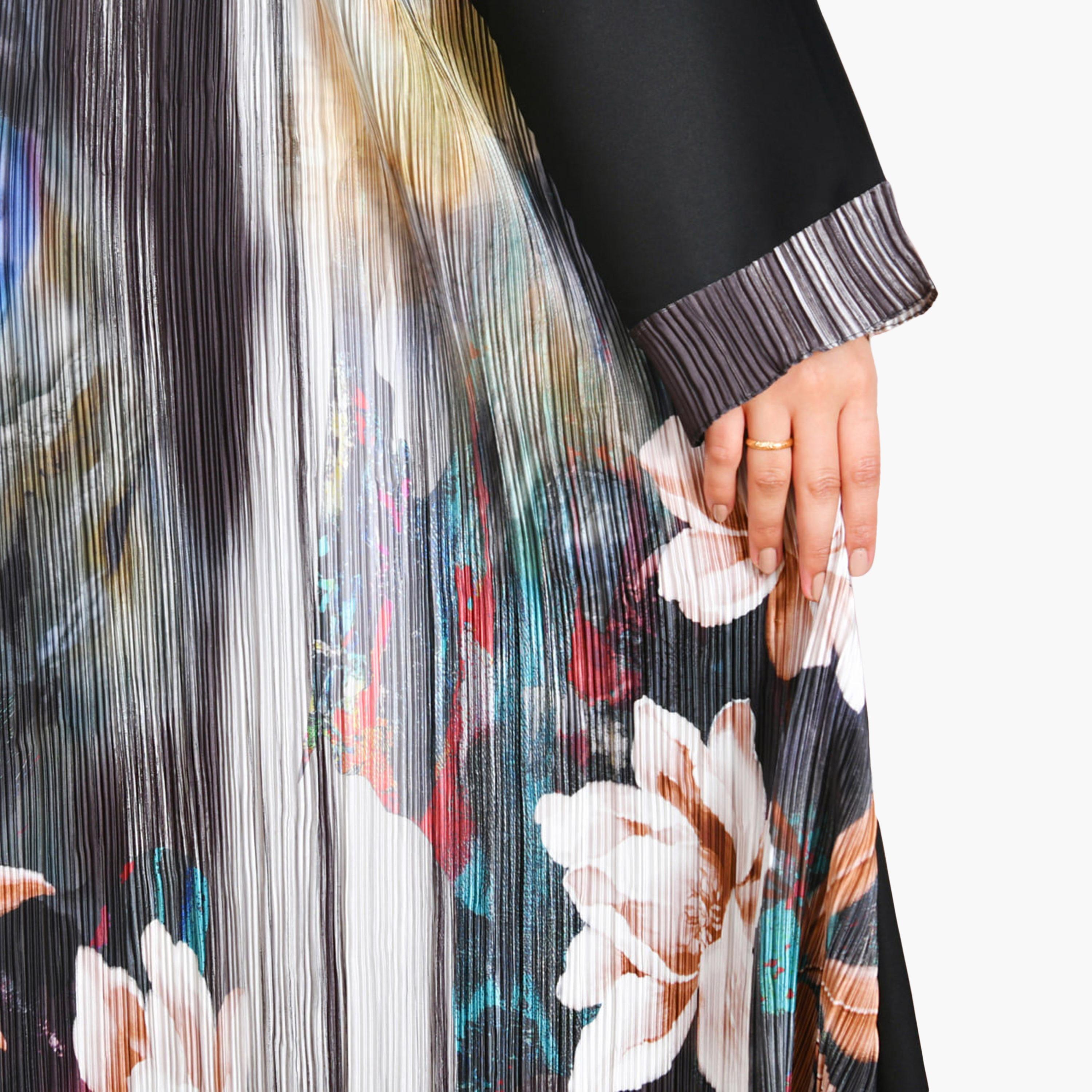 Beyond Abaya Black Floral Print Linen Women's Abaya with Hijab-women-arabicclothing-abayas-image-3