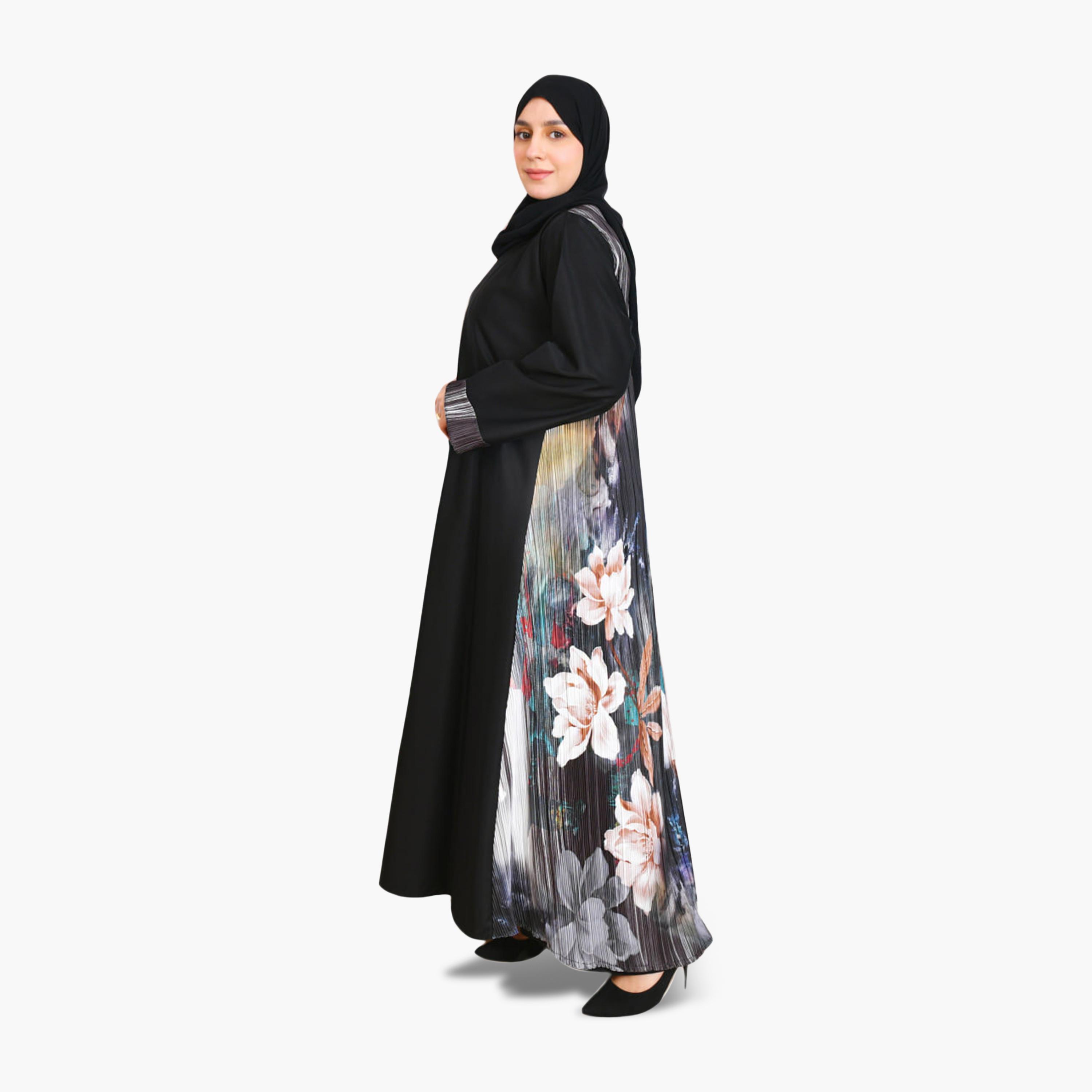 Beyond Abaya Black Floral Print Linen Women's Abaya with Hijab-women-arabicclothing-abayas-image-4