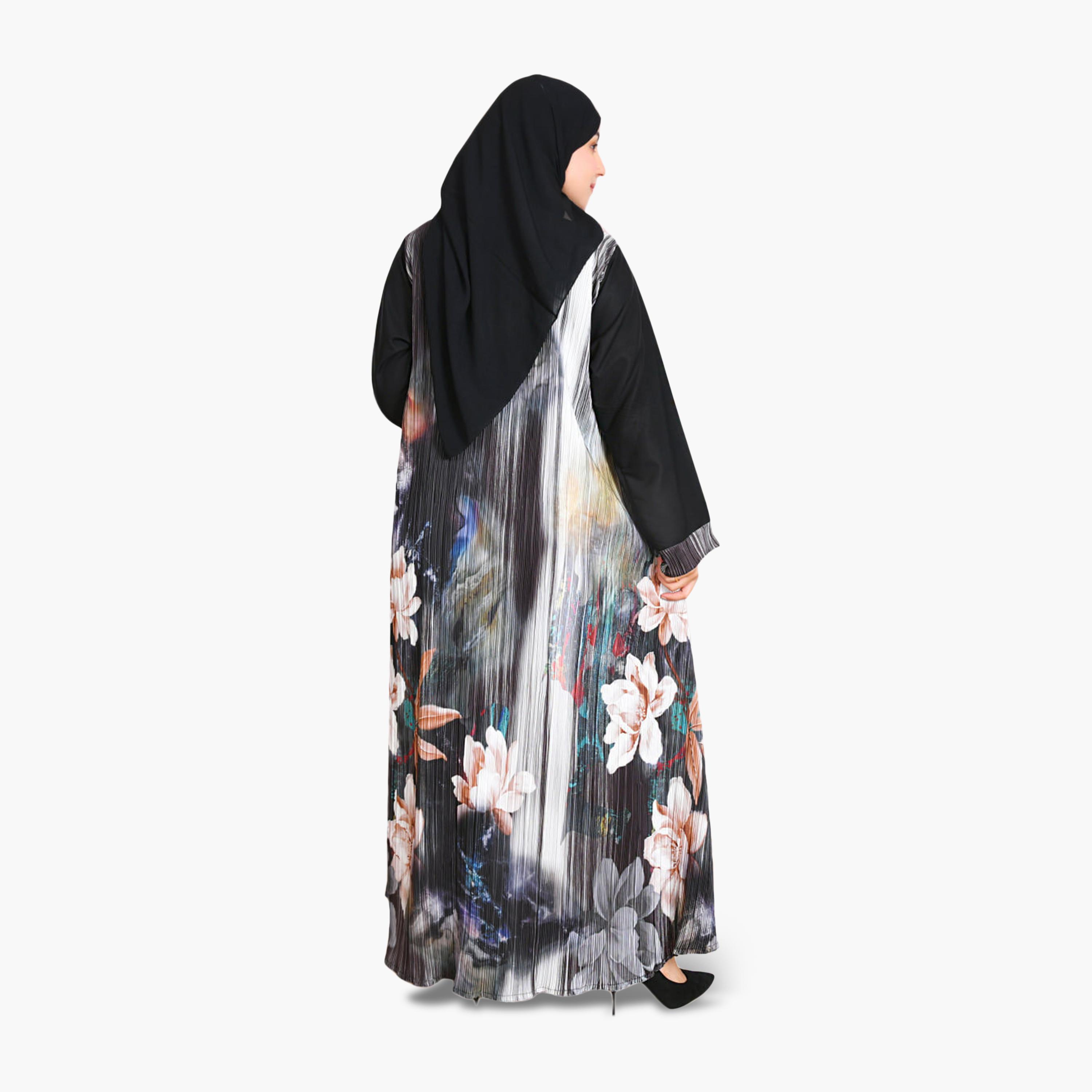 Beyond Abaya Black Floral Print Linen Women's Abaya with Hijab-women-arabicclothing-abayas-image-5