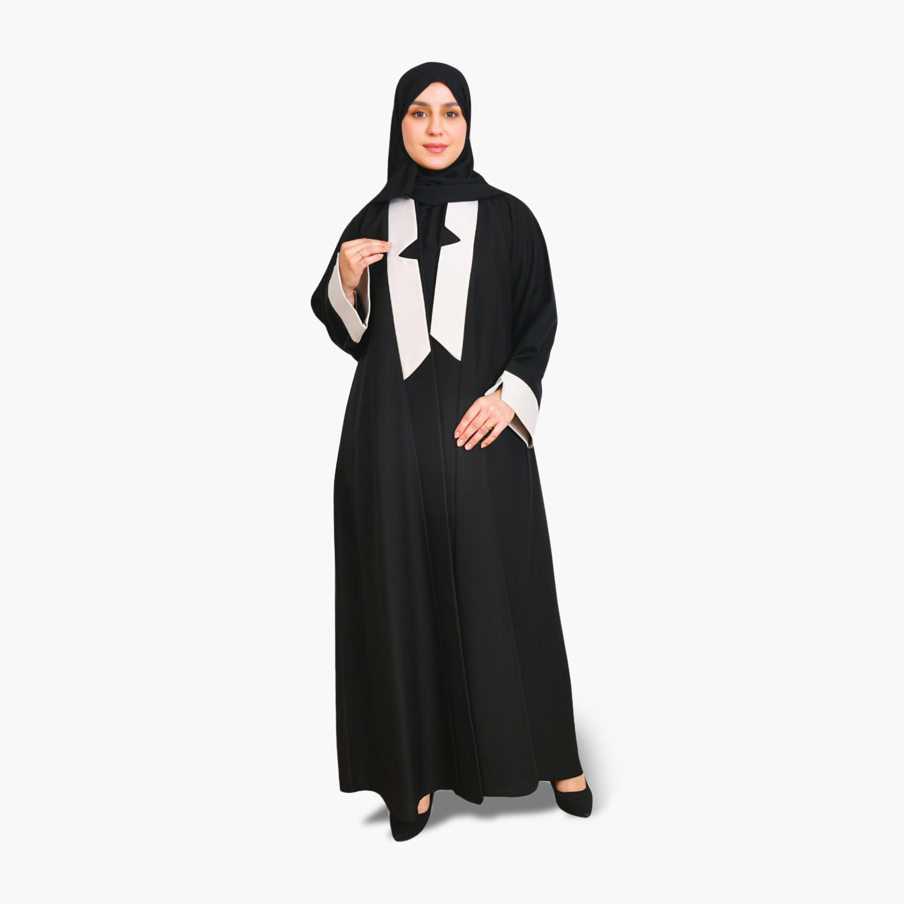 Beyond Abaya Black Contrast Detailed Linen Women's Abaya with Hijab-women-arabicclothing-abayas-image-1