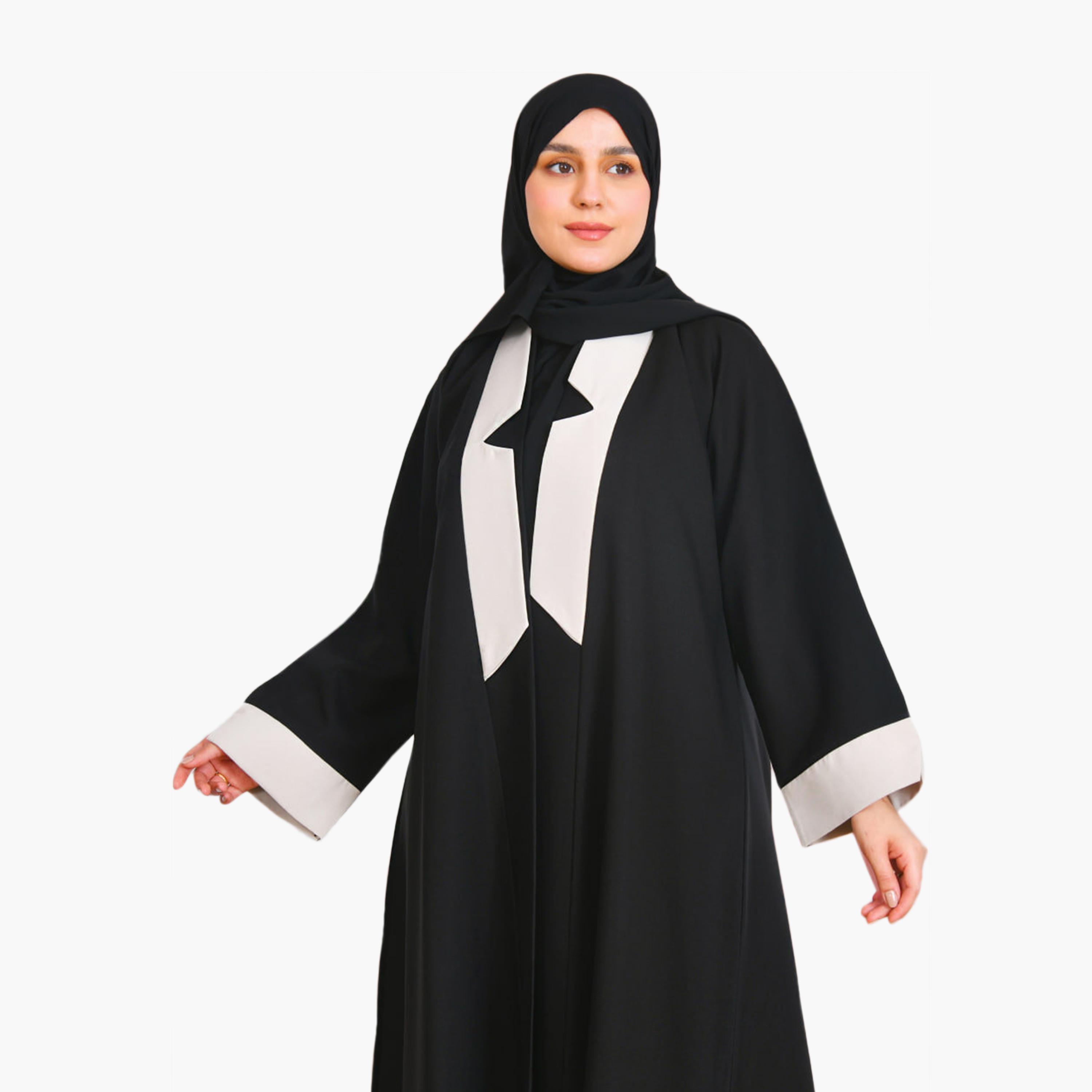 Beyond Abaya Black Contrast Detailed Linen Women's Abaya with Hijab-women-arabicclothing-abayas-image-2