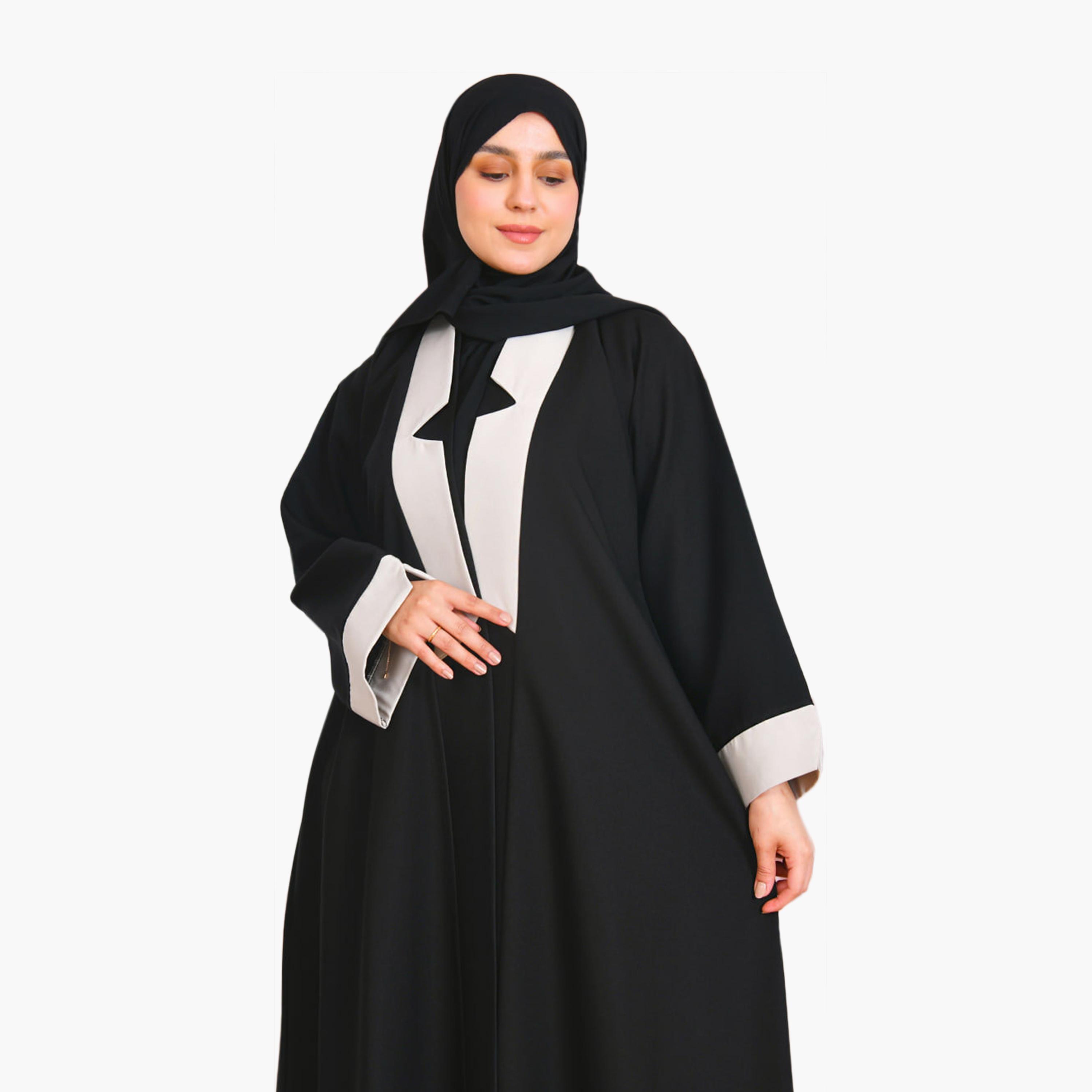 Beyond Abaya Black Contrast Detailed Linen Women's Abaya with Hijab-women-arabicclothing-abayas-image-3