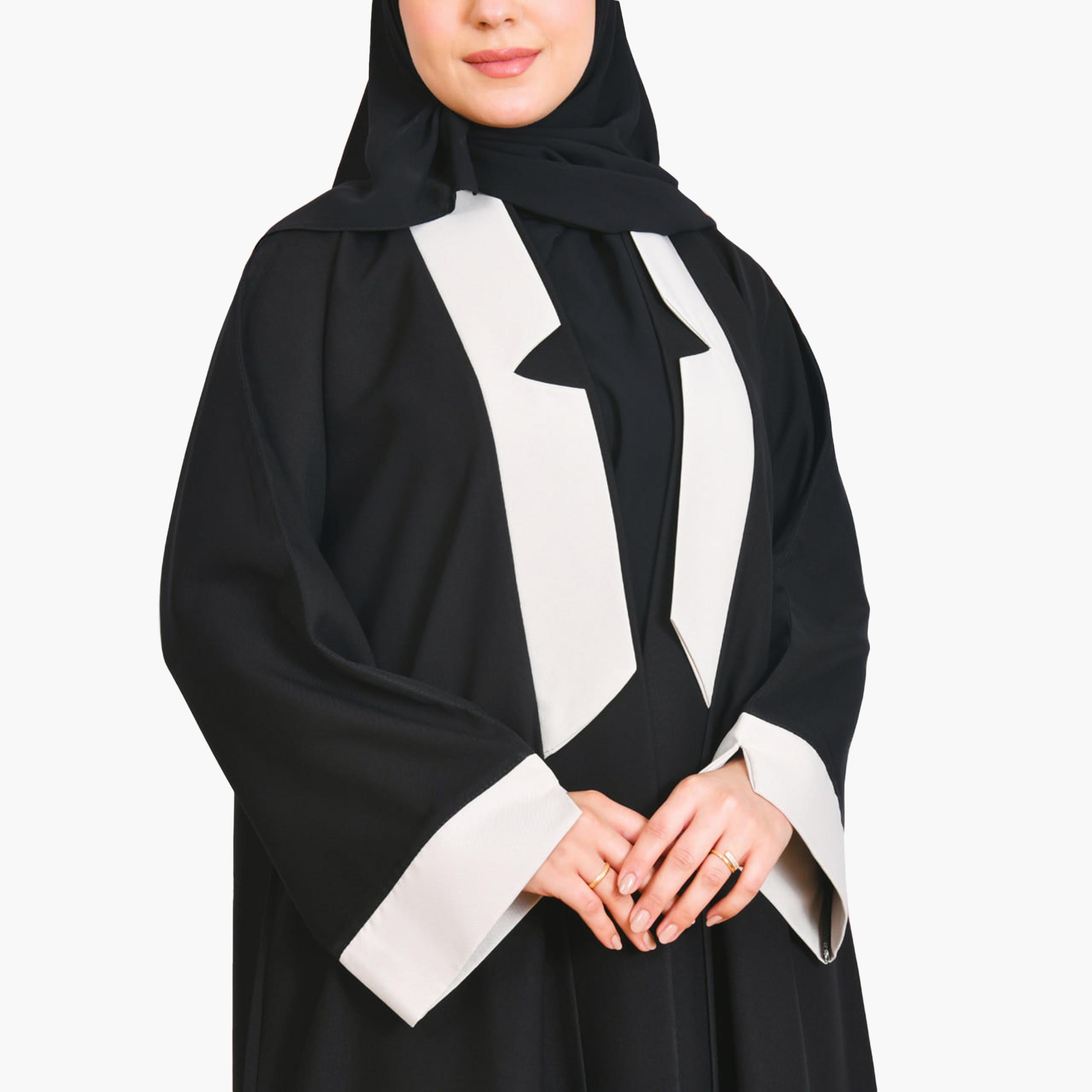 Beyond Abaya Black Contrast Detailed Linen Women's Abaya with Hijab-women-arabicclothing-abayas-image-4