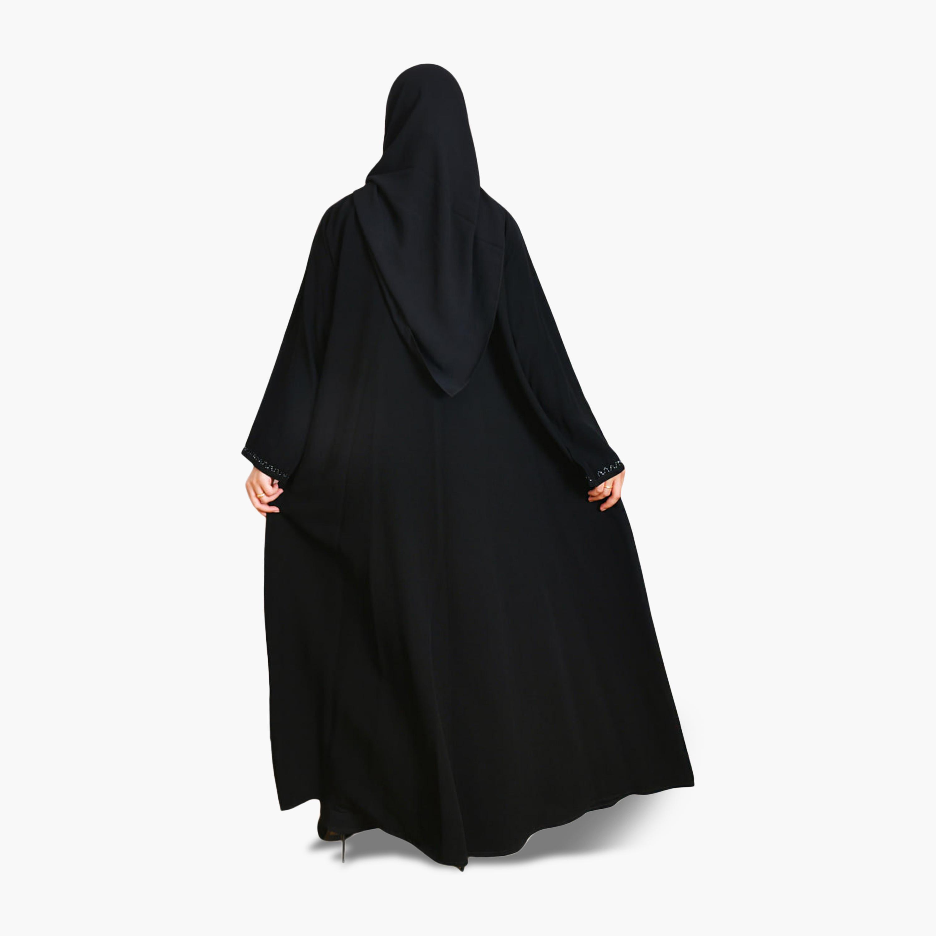 عباية نسائية من الكتان بتصميم ربع كلوش مع حجاب مزينة بتطريزات زهور سوداء من بيوند عباية-women-arabicclothing-abayas-image-5