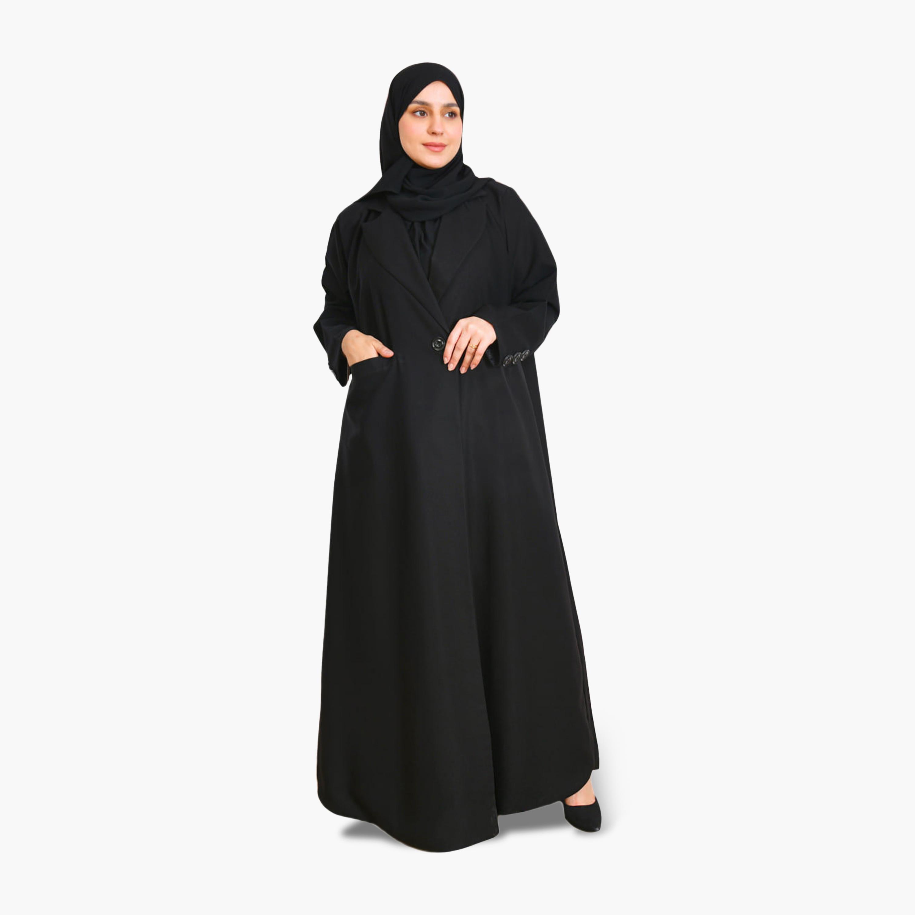Beyond Abaya Black Lapel Collar Linen Women's Formal Coat Style Abaya with Hijab-women-arabicclothing-abayas-image-1